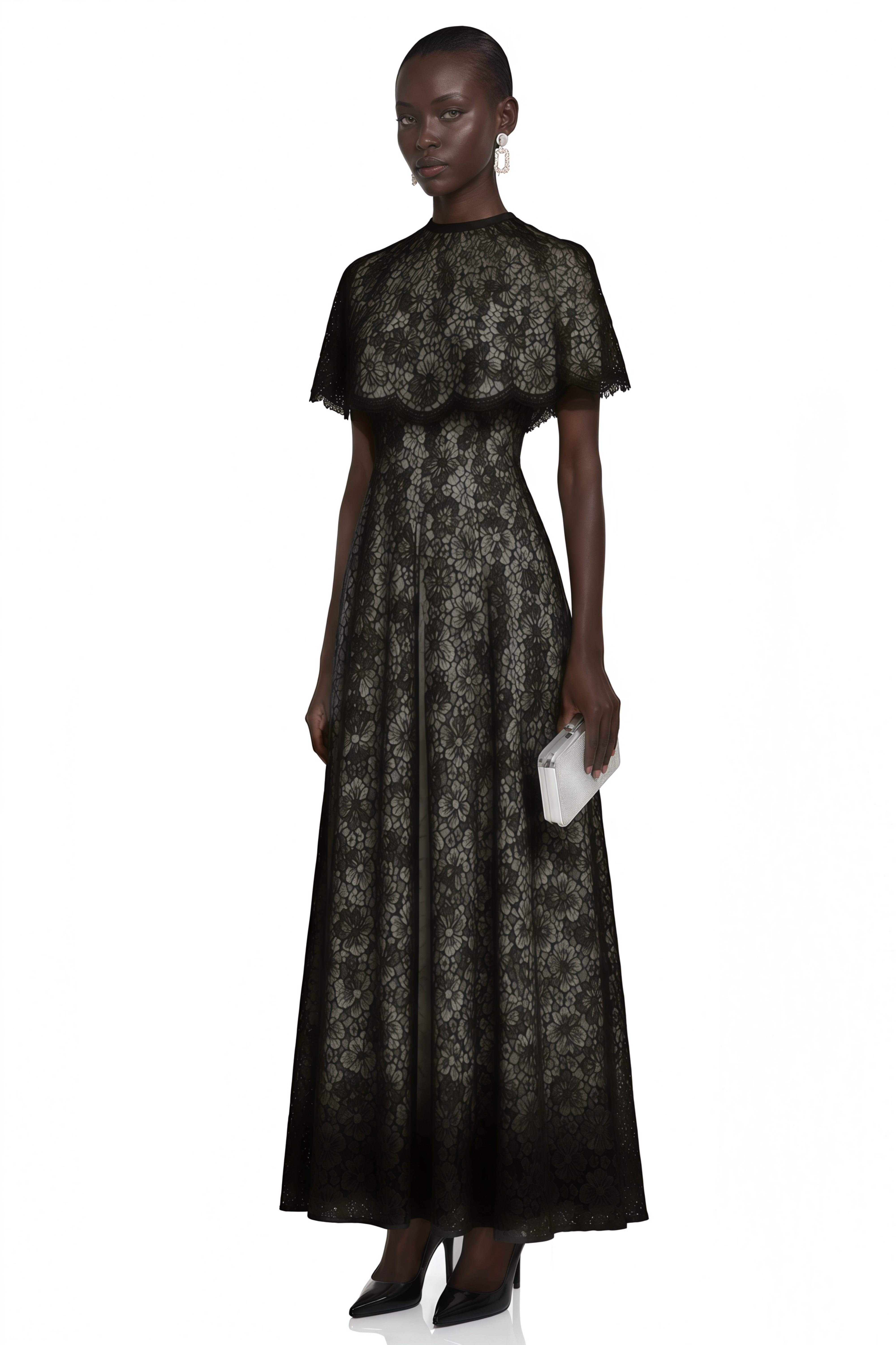 Hikawera Black Lace Maxi Dress with Cape