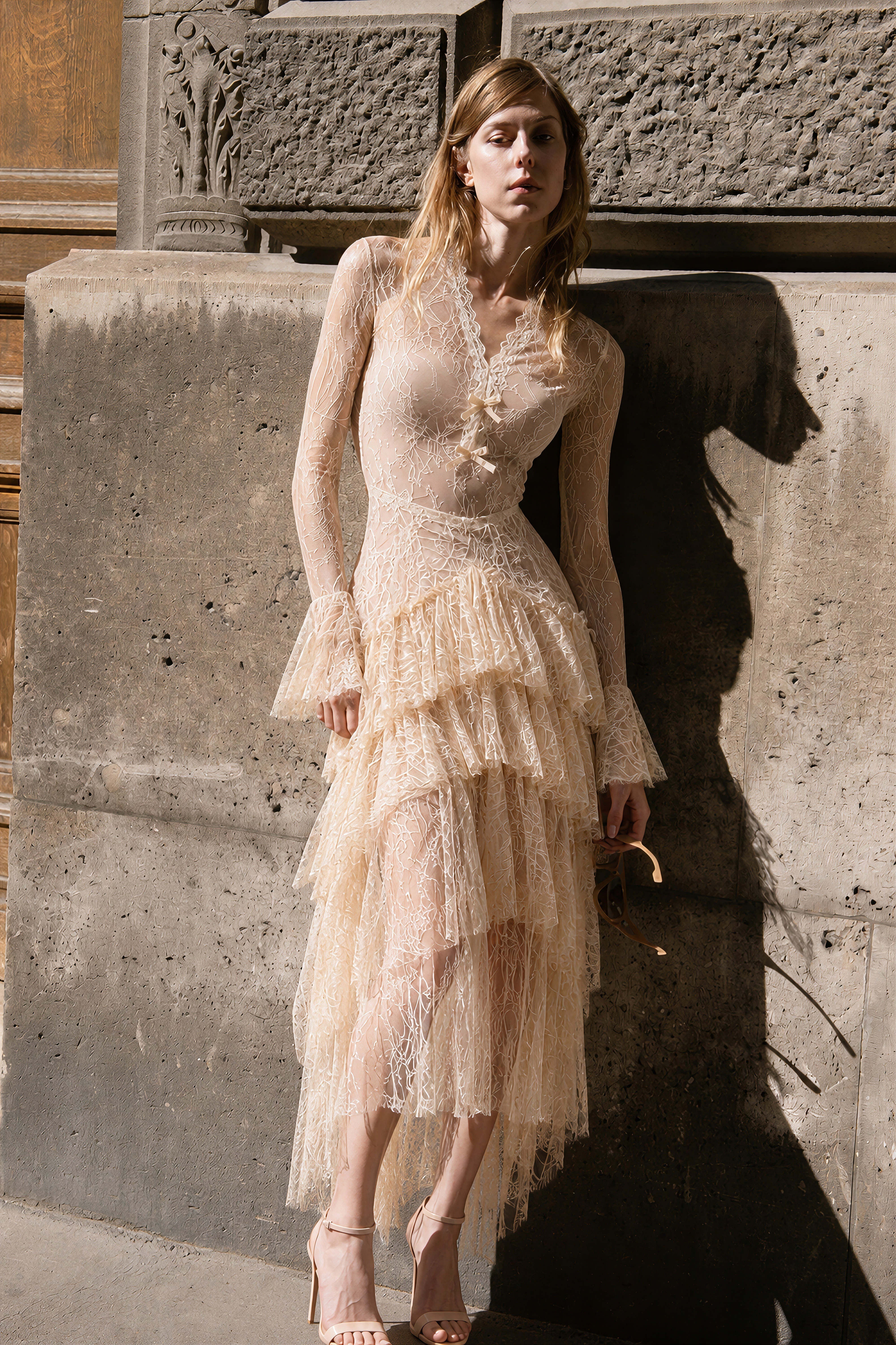Humayma Beige Lace Tiered Midi Dress