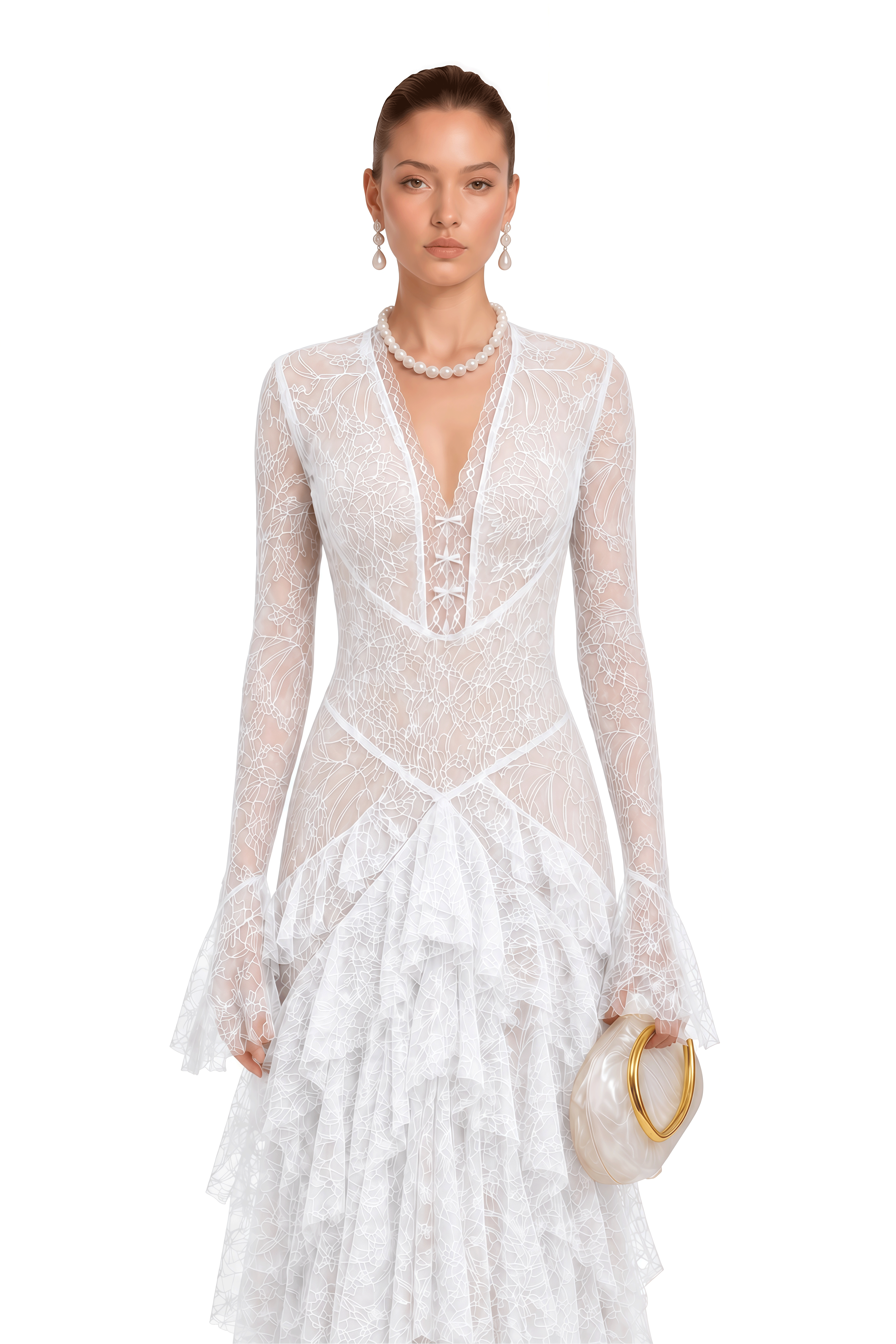 Humayma White Lace Tiered Midi Dress