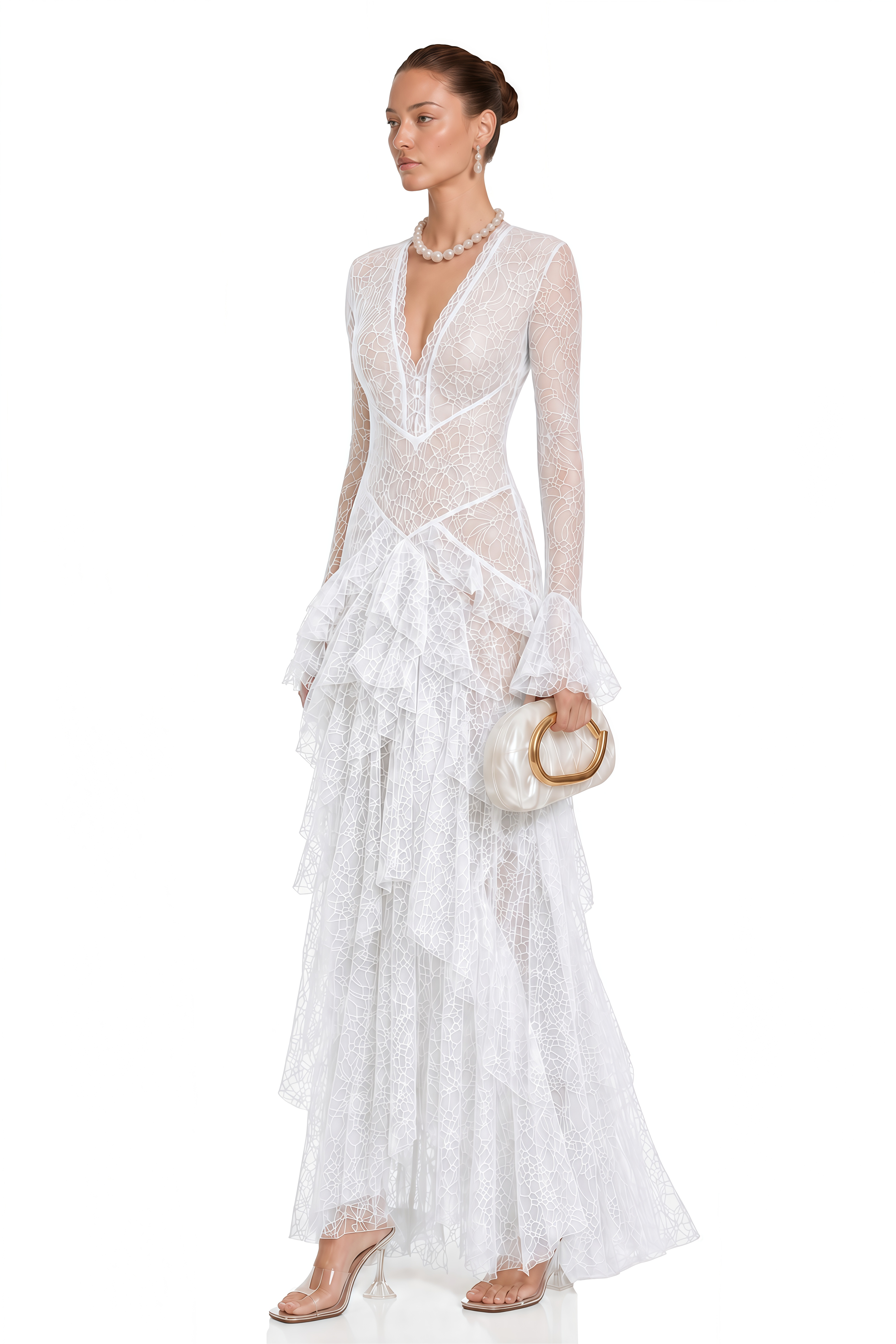 Humayma White Lace Tiered Midi Dress