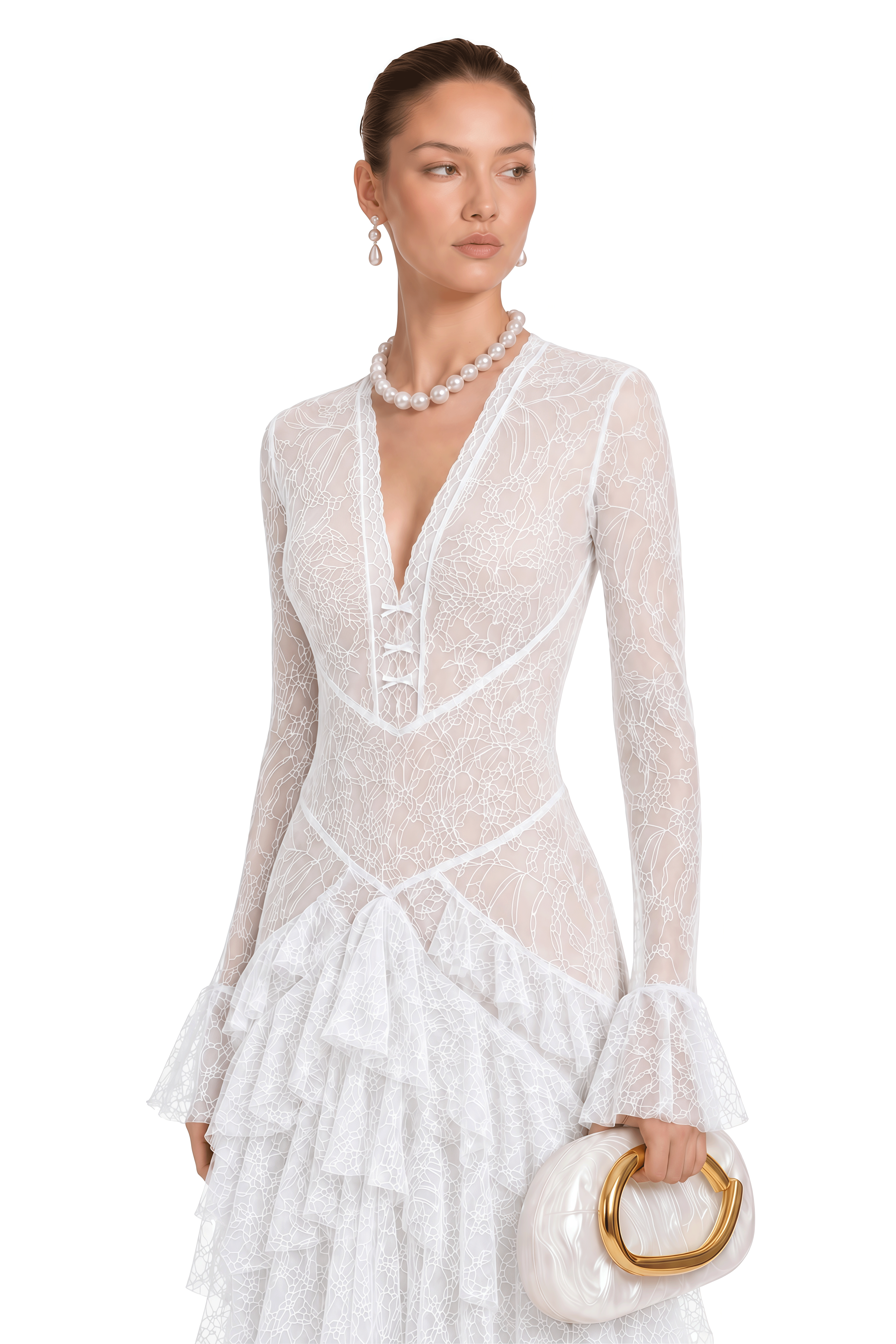 Humayma White Lace Tiered Midi Dress