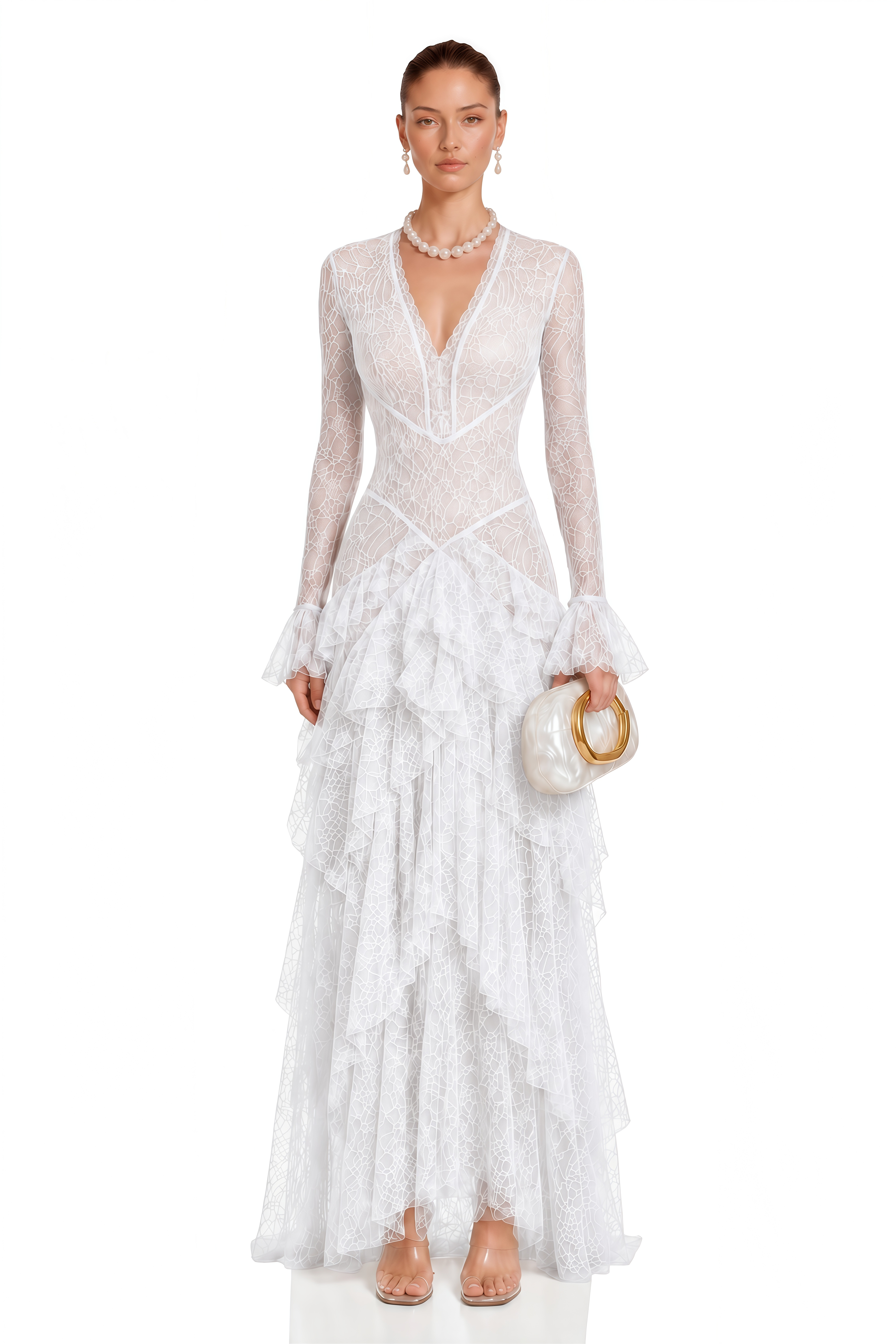Humayma White Lace Tiered Midi Dress