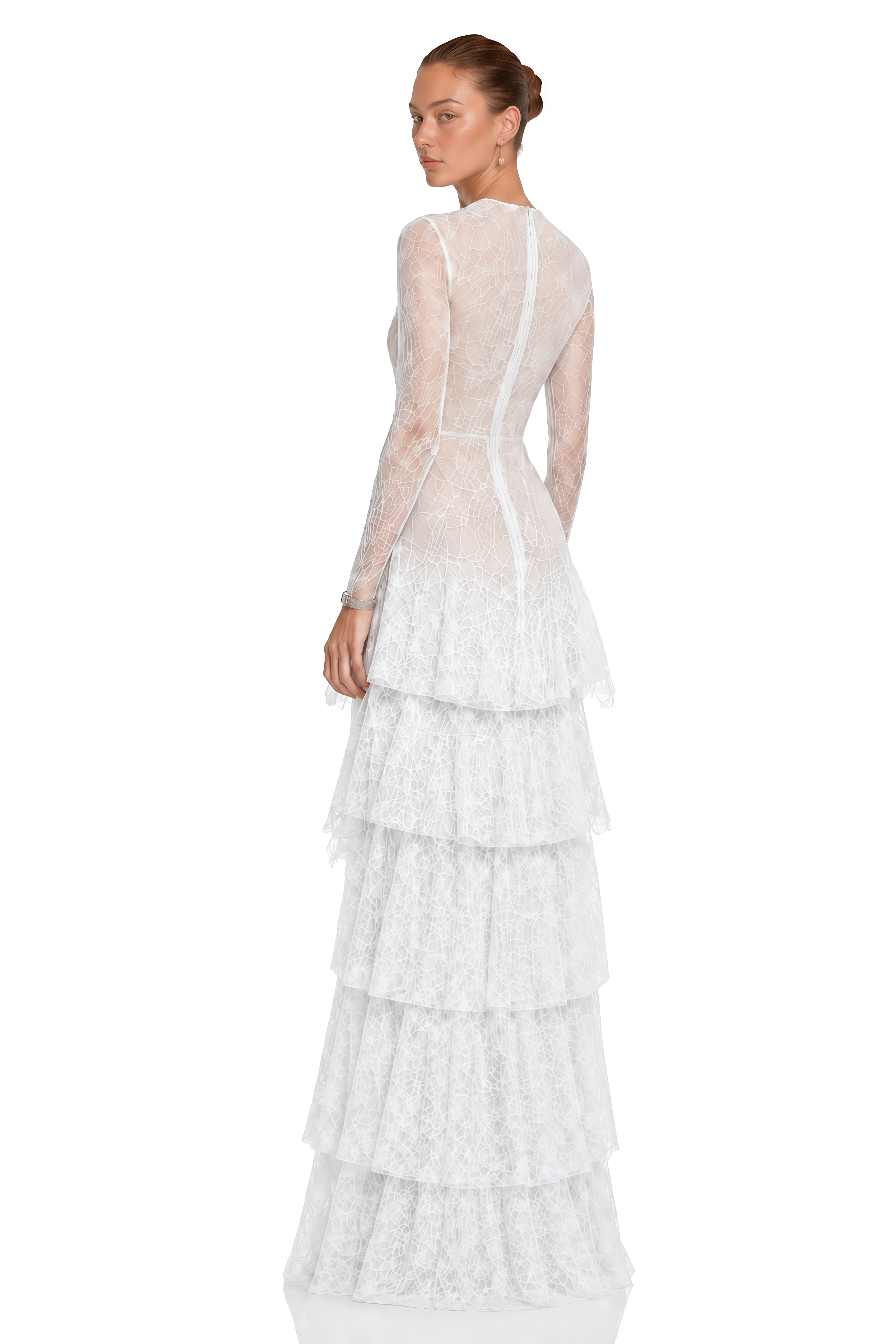 Humayma White Lace Tiered Midi Dress