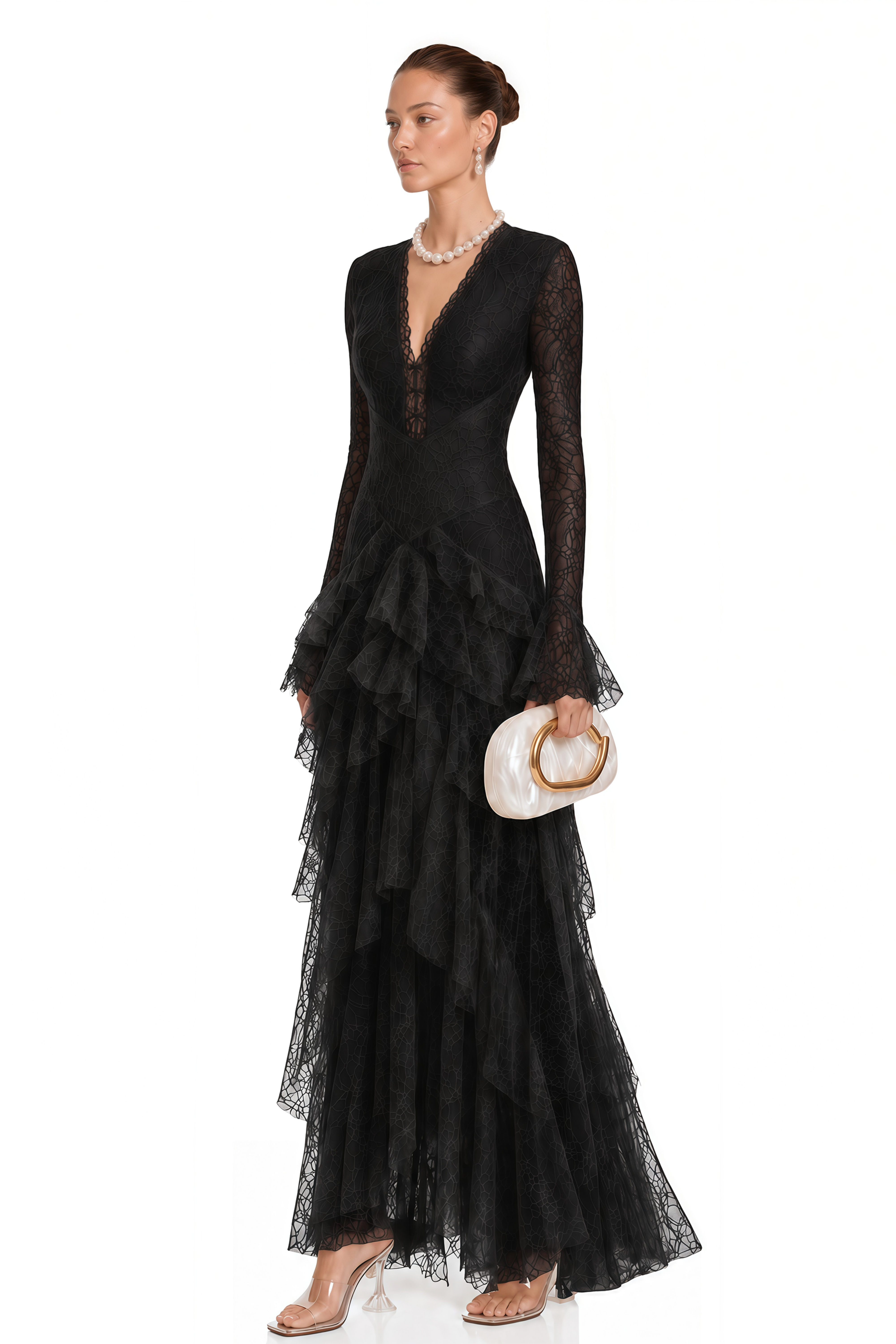 Humayma Black Lace Tiered Midi Dress