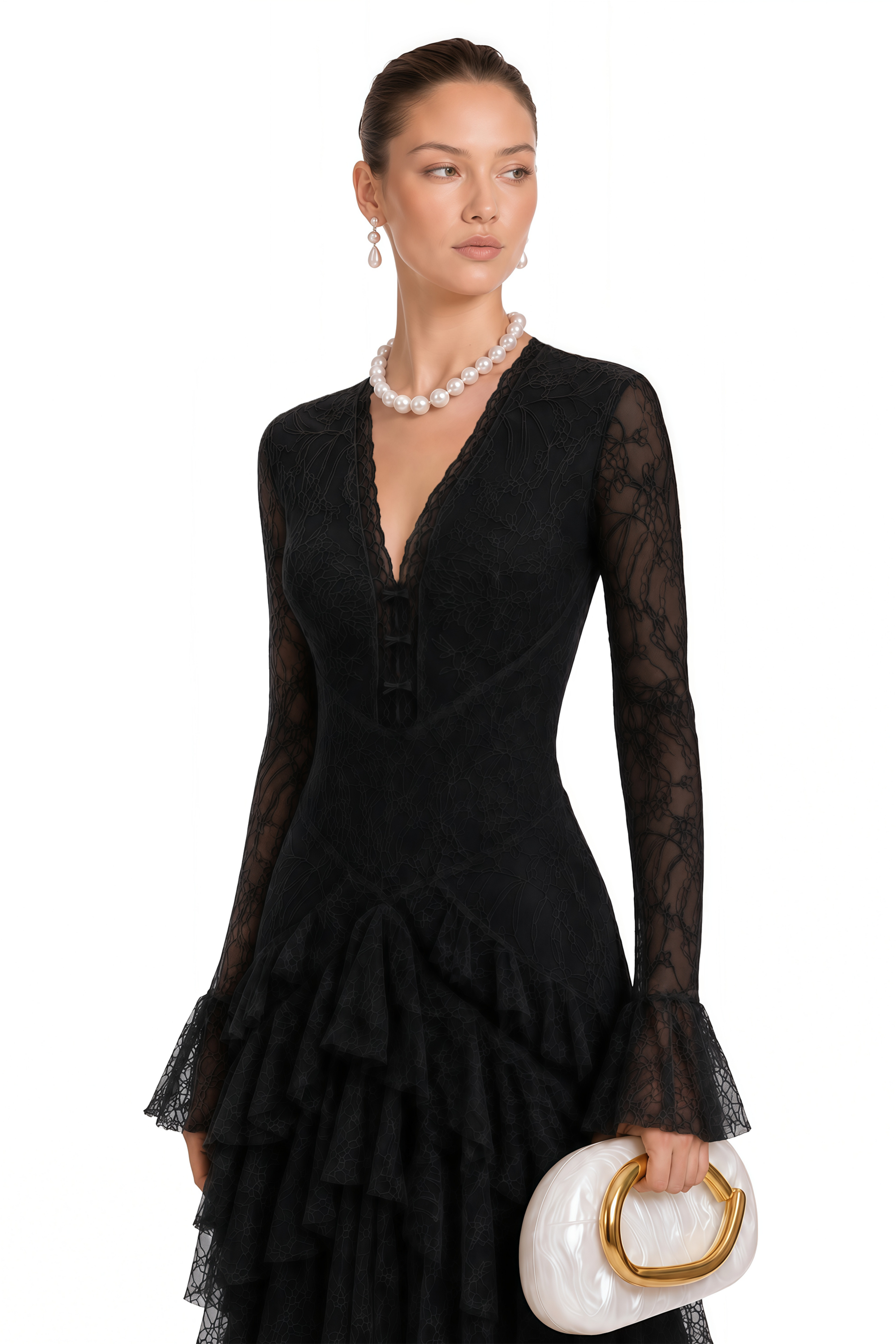 Humayma Black Lace Tiered Midi Dress