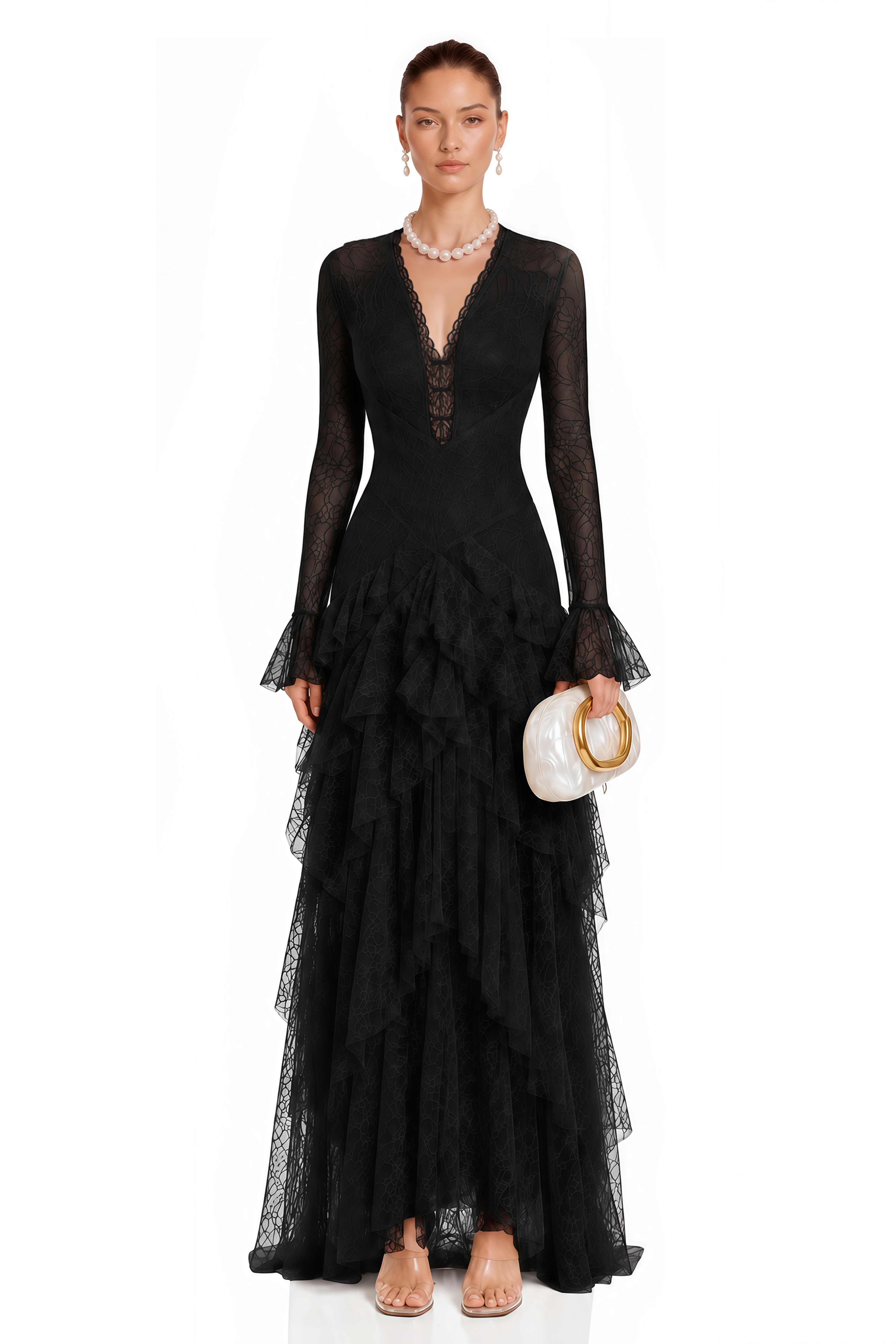 Humayma Black Lace Tiered Midi Dress