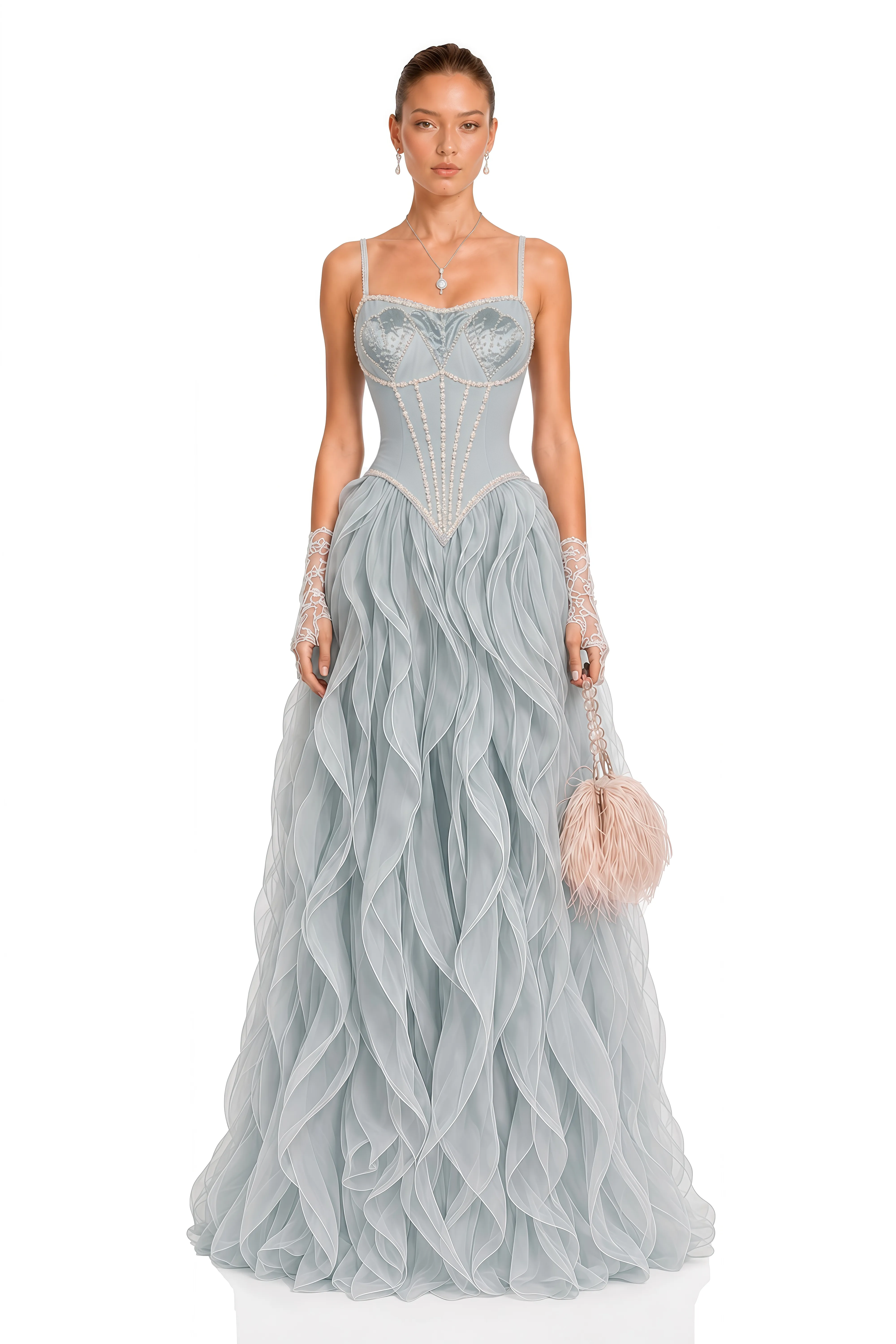 Ianthe Dusty Blue Ruffled Tulle Maxi Dress (Without Gloves)
