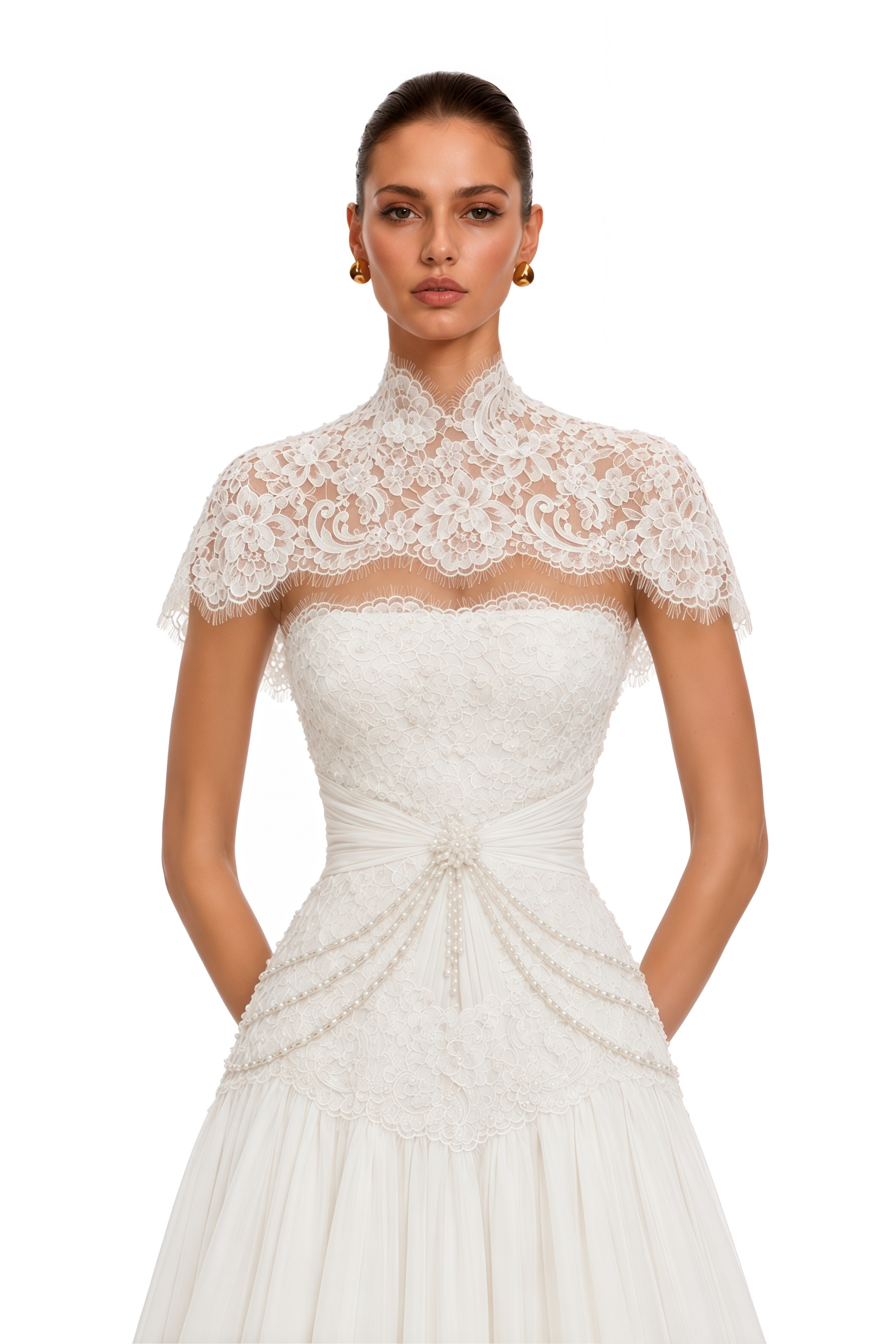 Ianthe Ivory High Neck Lace Cape Maxi Dress