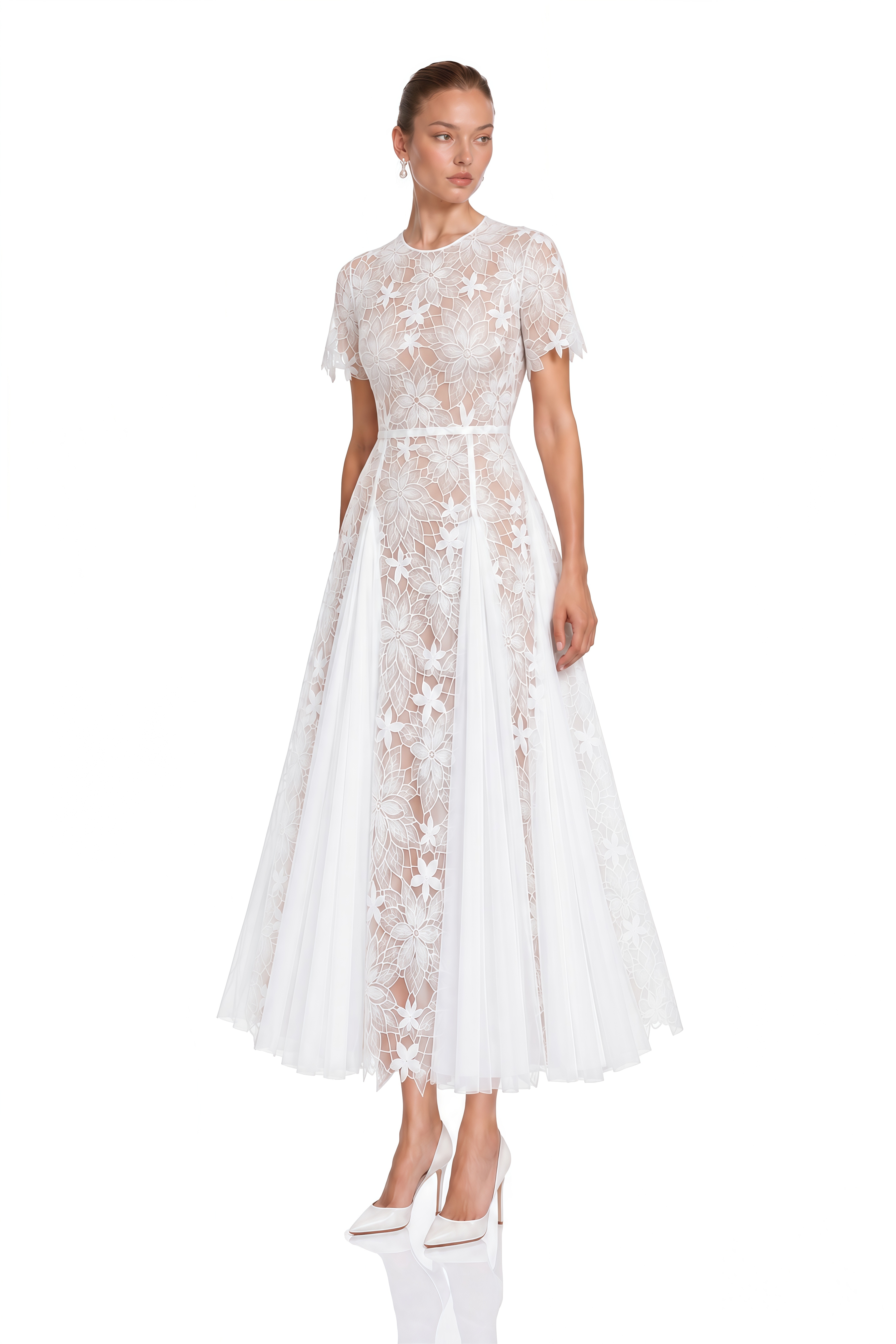 Ianthe White Floral Embroidered Pleated Midi Dress