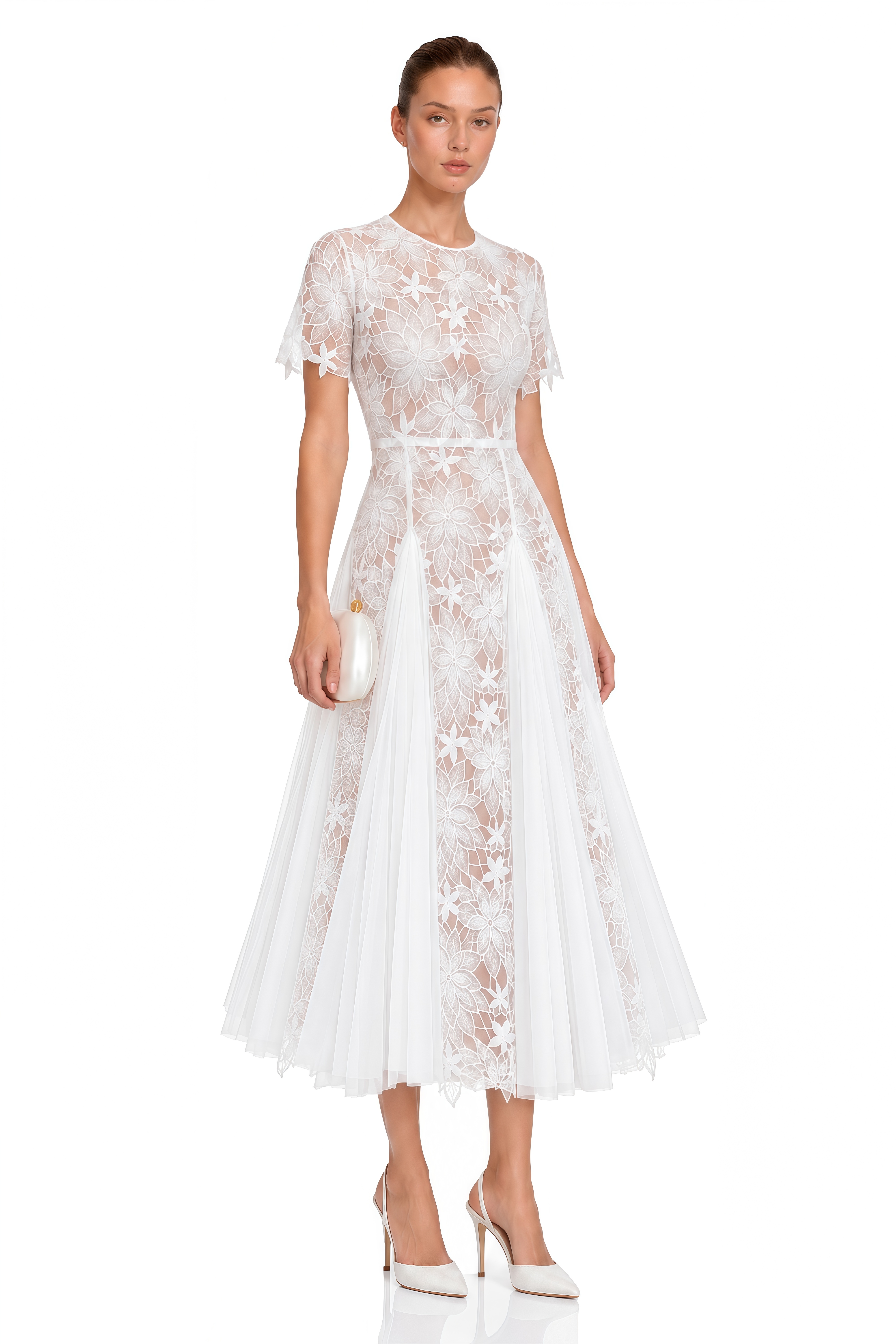 Ianthe White Floral Embroidered Pleated Midi Dress