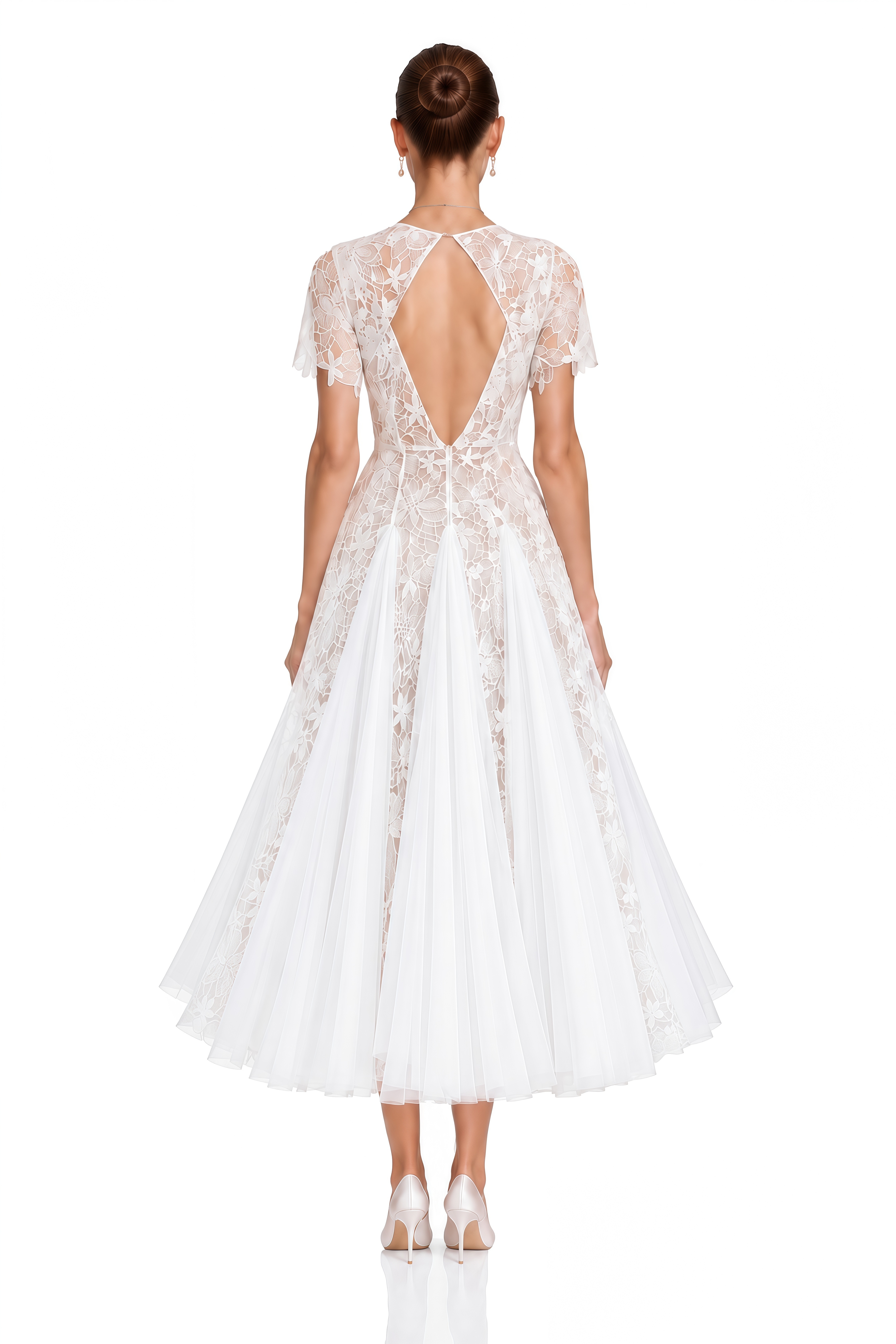 Ianthe White Floral Embroidered Pleated Midi Dress