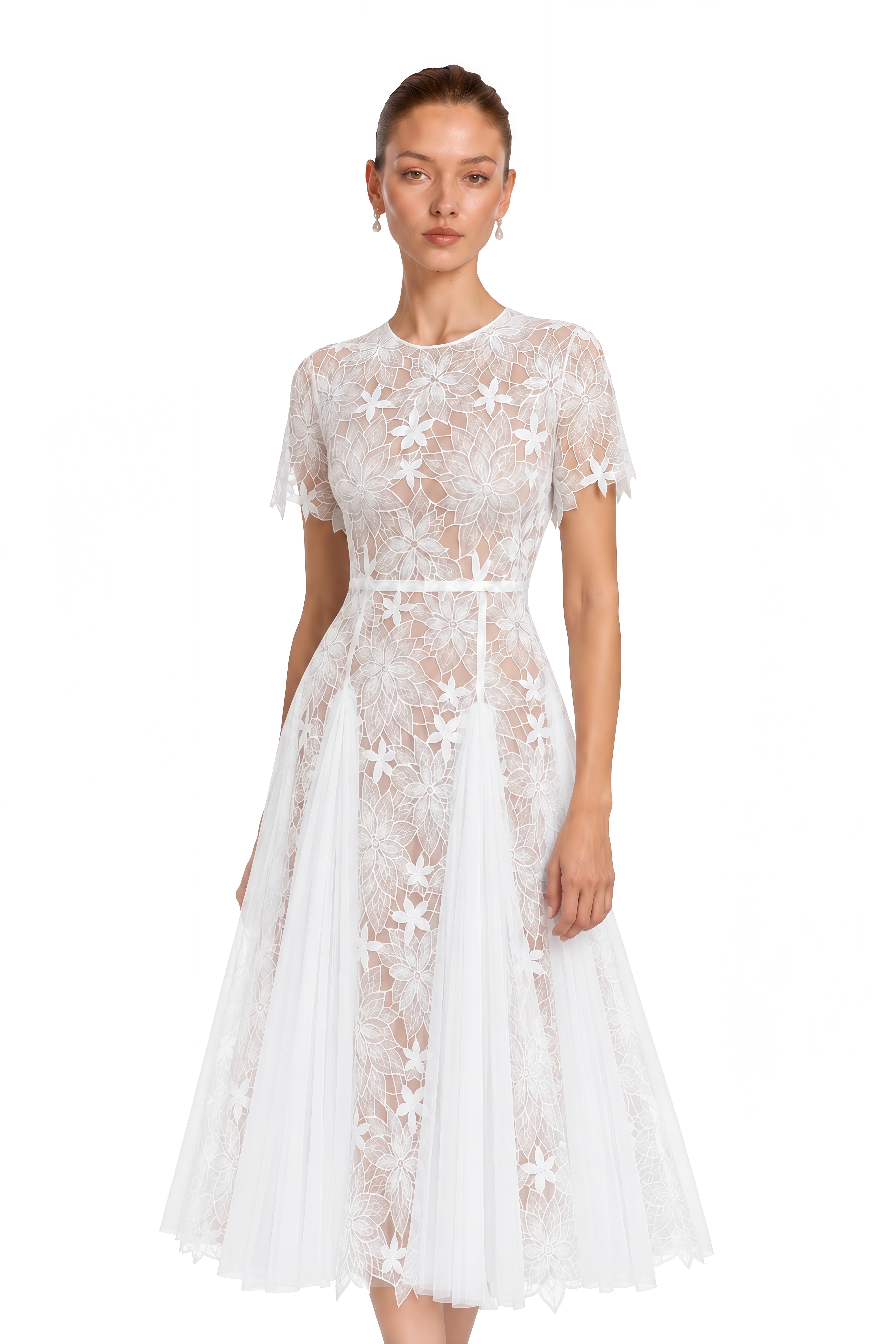 Ianthe White Floral Embroidered Pleated Midi Dress