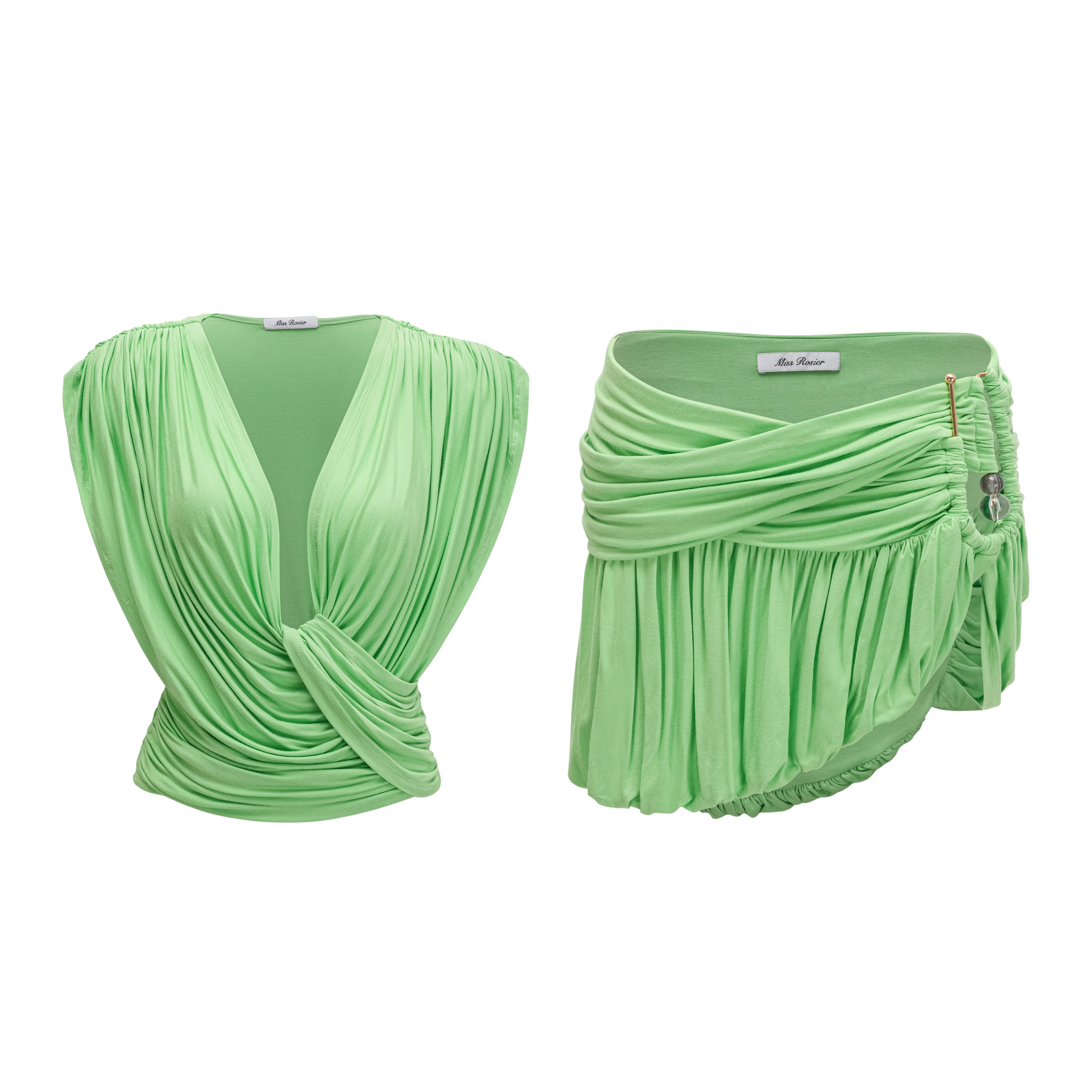 Idalina Green Cross Front Ruched Top & Skirt Set