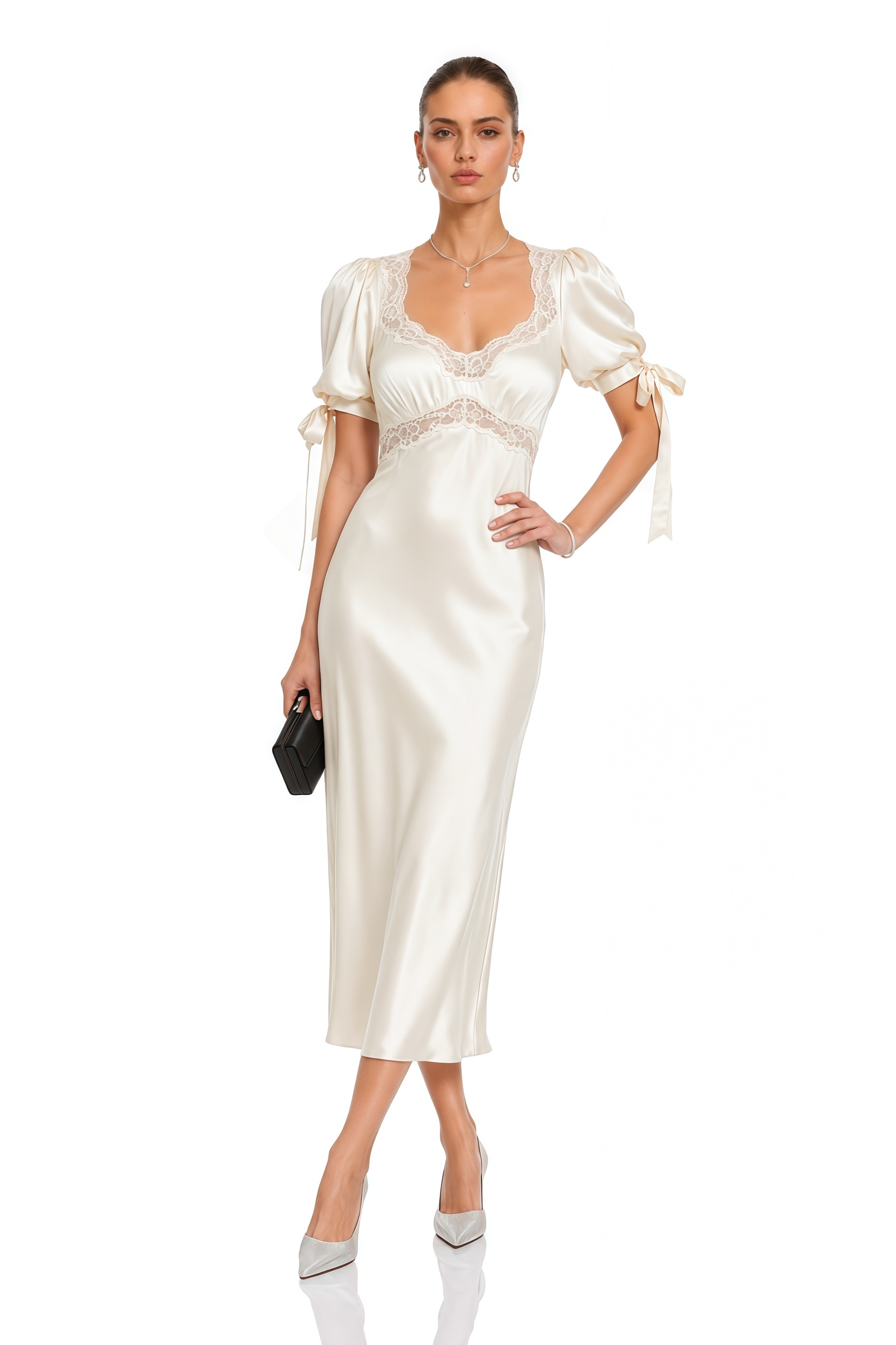 Imani White Short Puff Sleeve Lace Satin Midi Dress