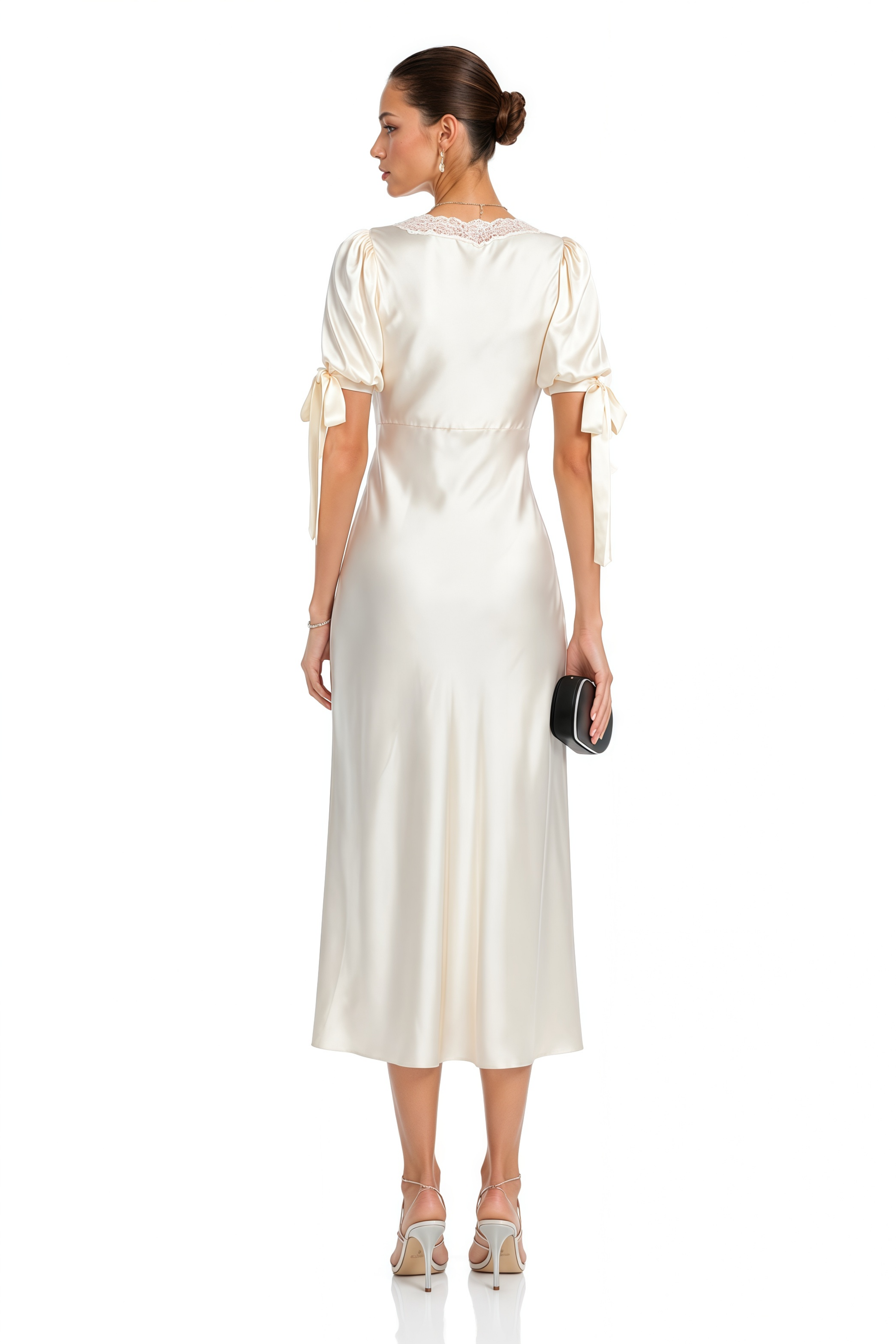 Imani White Short Puff Sleeve Lace Satin Midi Dress