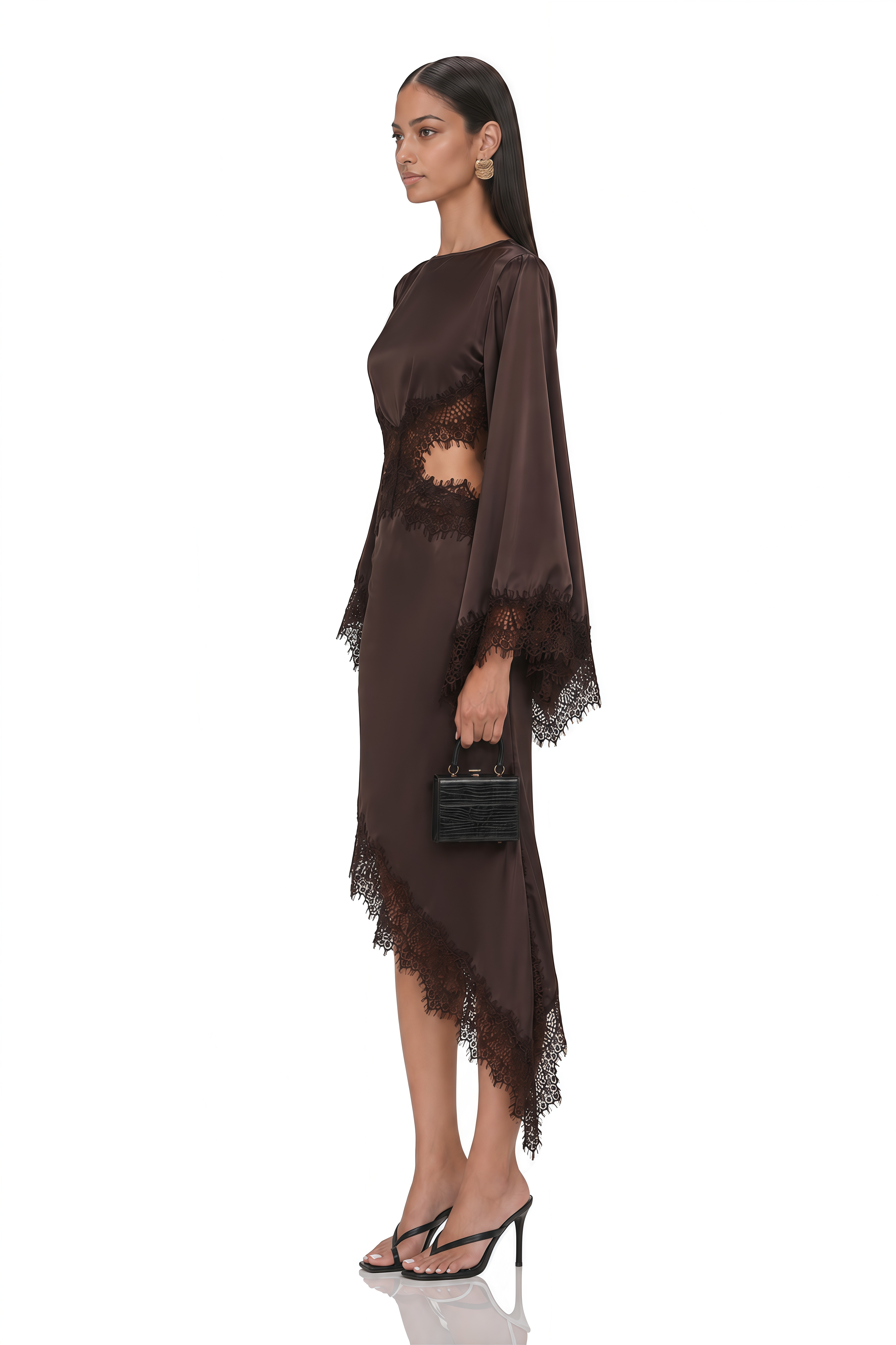 Inaayah Brown Lace Trim Asymmetrical Midi Dress