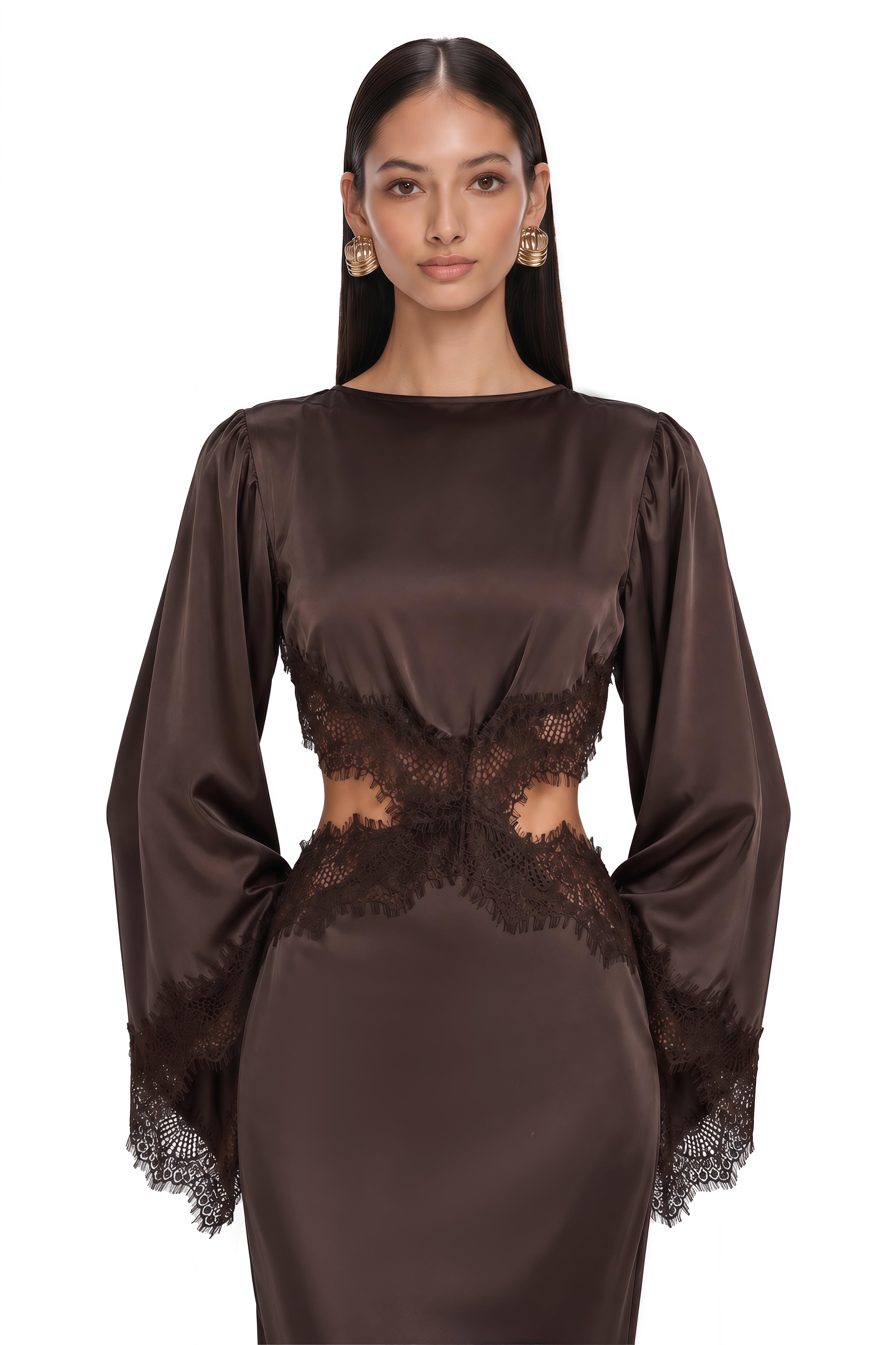 Inaayah Brown Lace Trim Asymmetrical Midi Dress