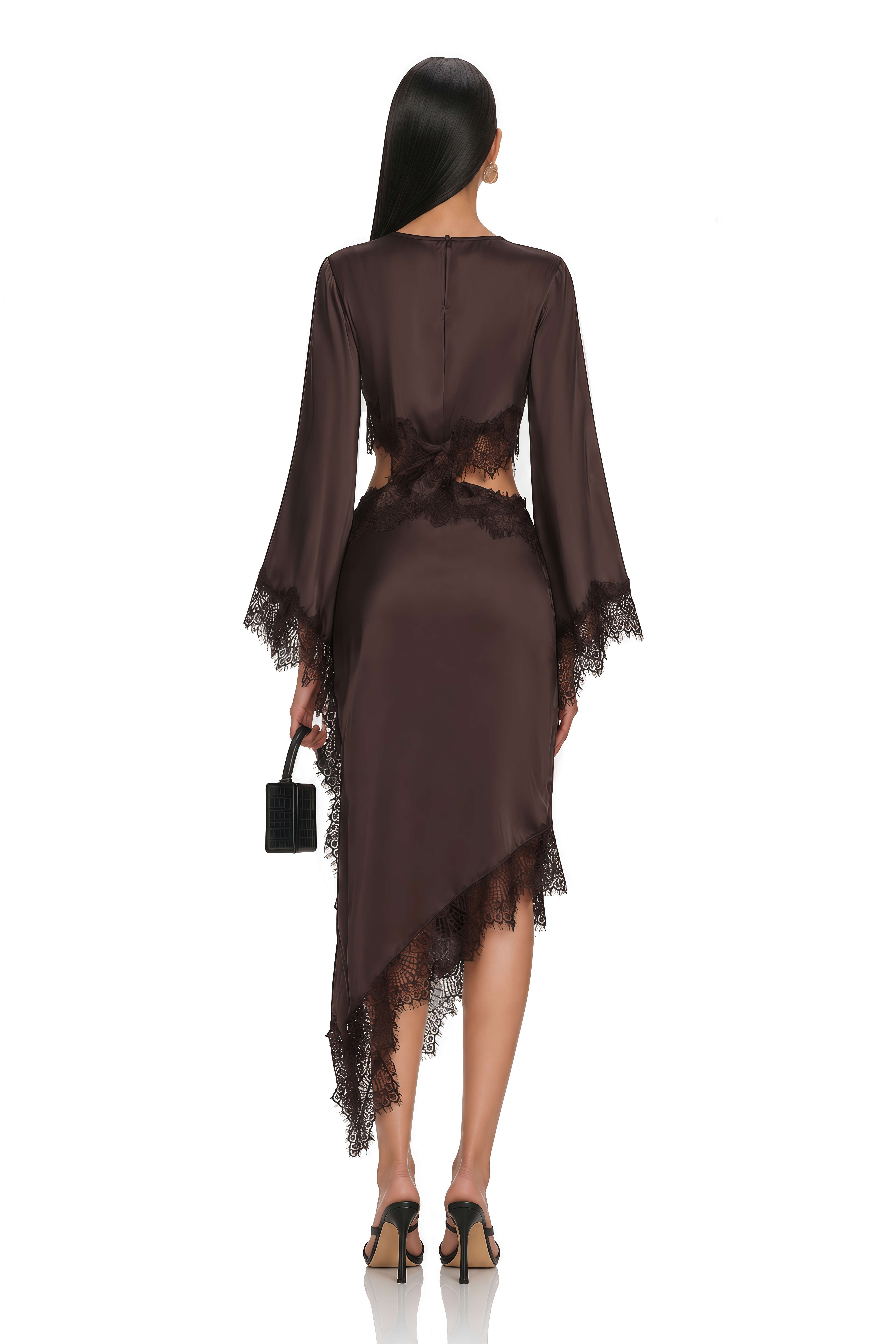 Inaayah Brown Lace Trim Asymmetrical Midi Dress