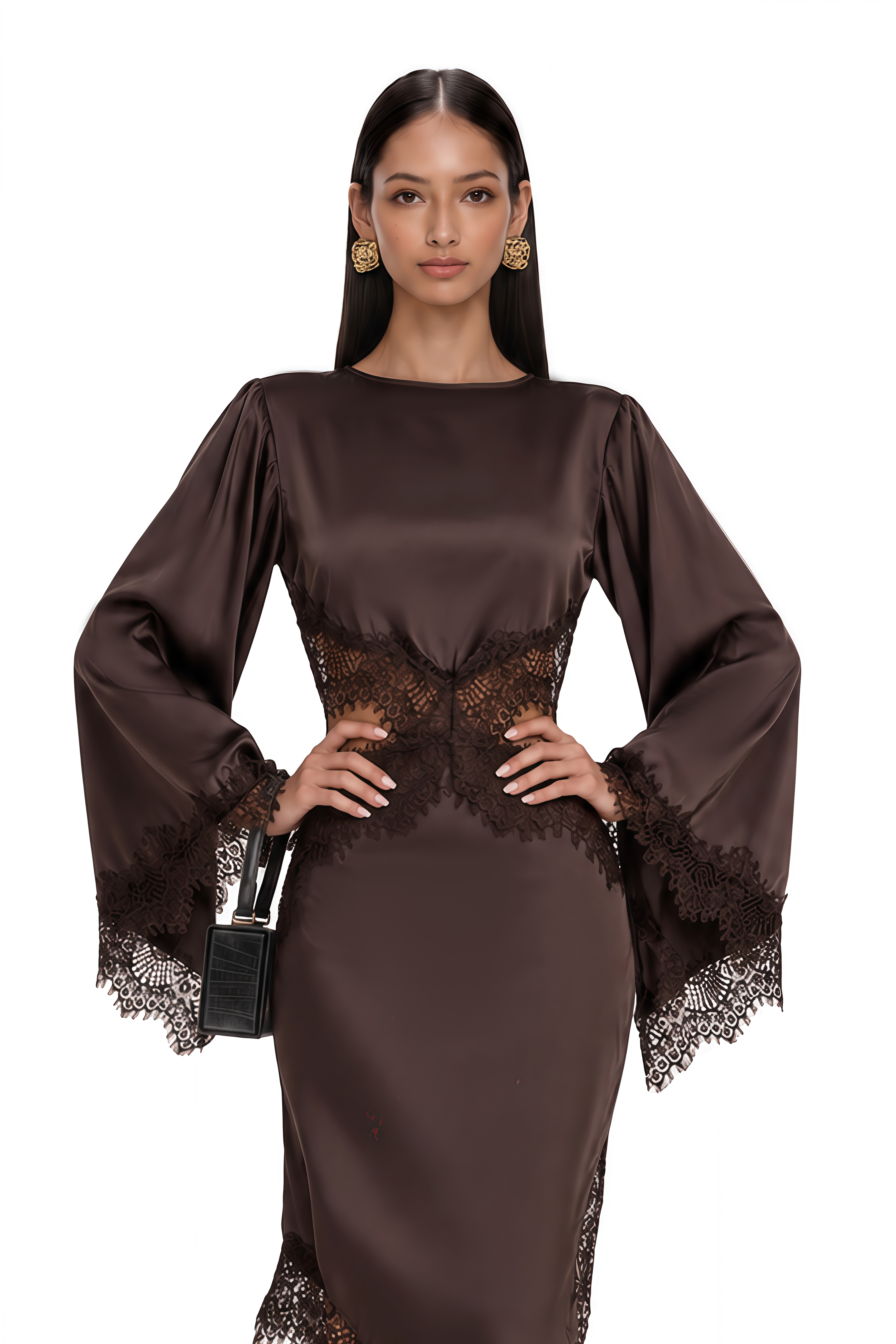 Inaayah Brown Lace Trim Asymmetrical Midi Dress