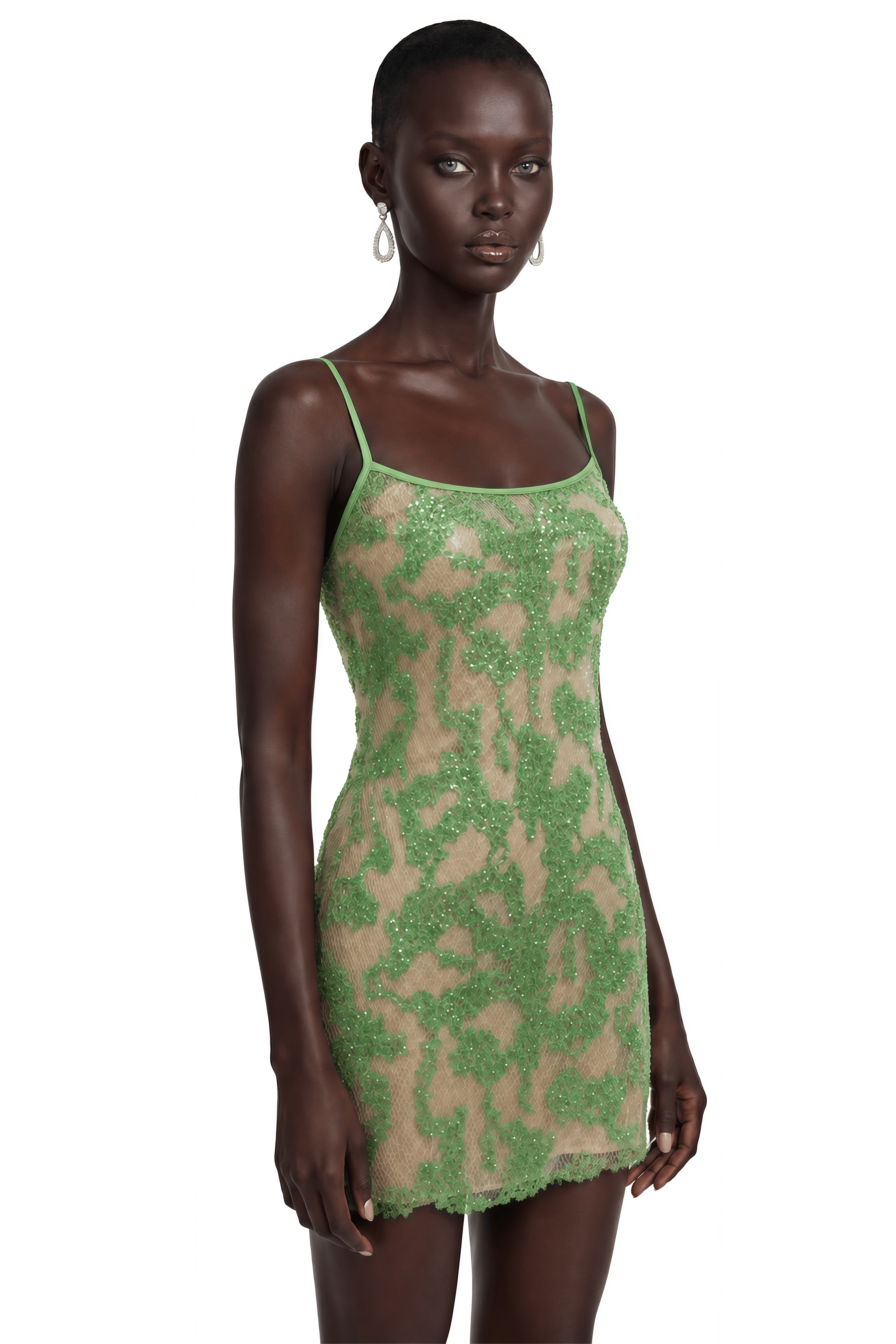 Inara Green Embellished Spaghetti Strap Mini Dress