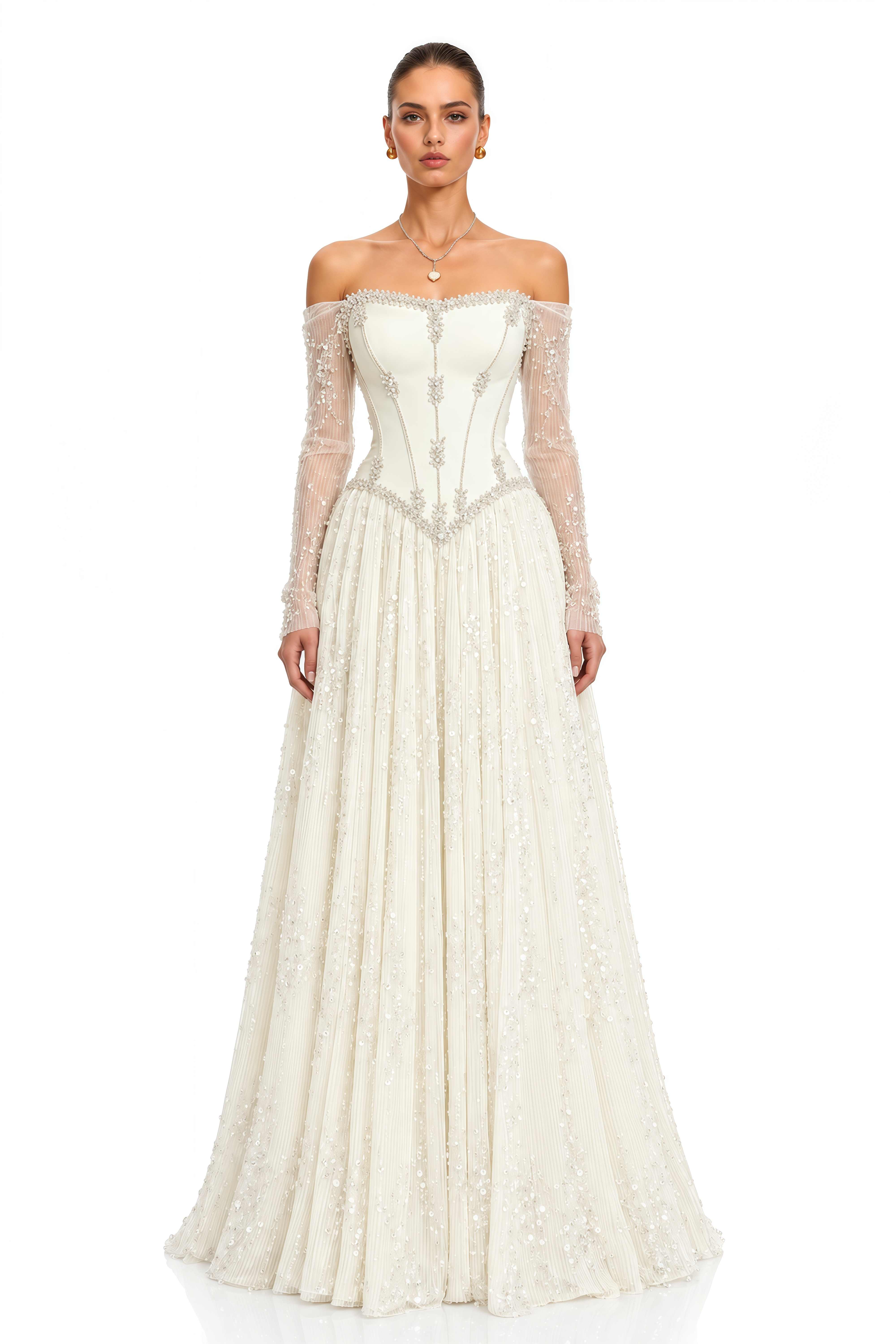 Inayah Ivory Beaded Off Shoulder Corset Maxi Dress