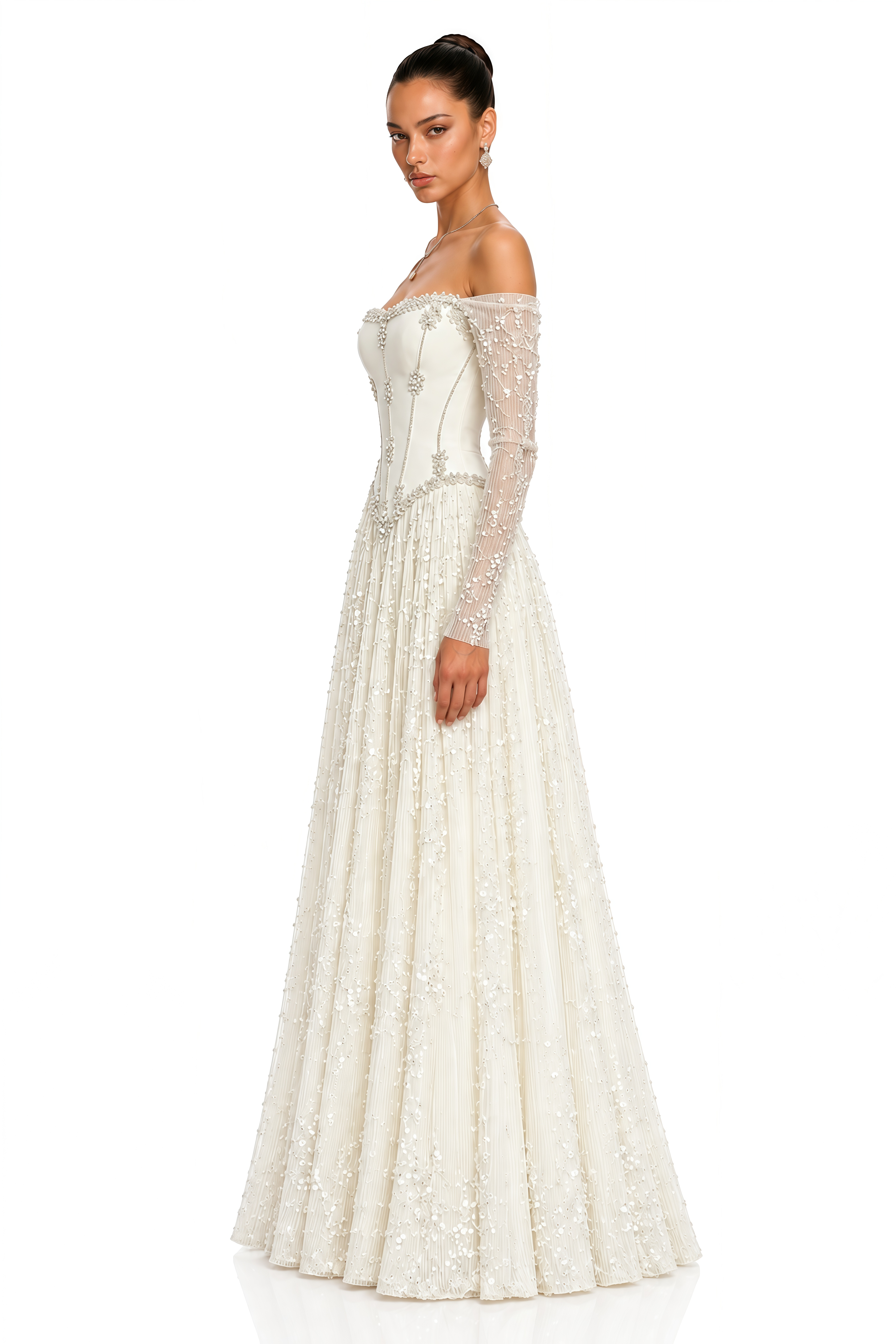 Inayah Ivory Beaded Off Shoulder Corset Maxi Dress