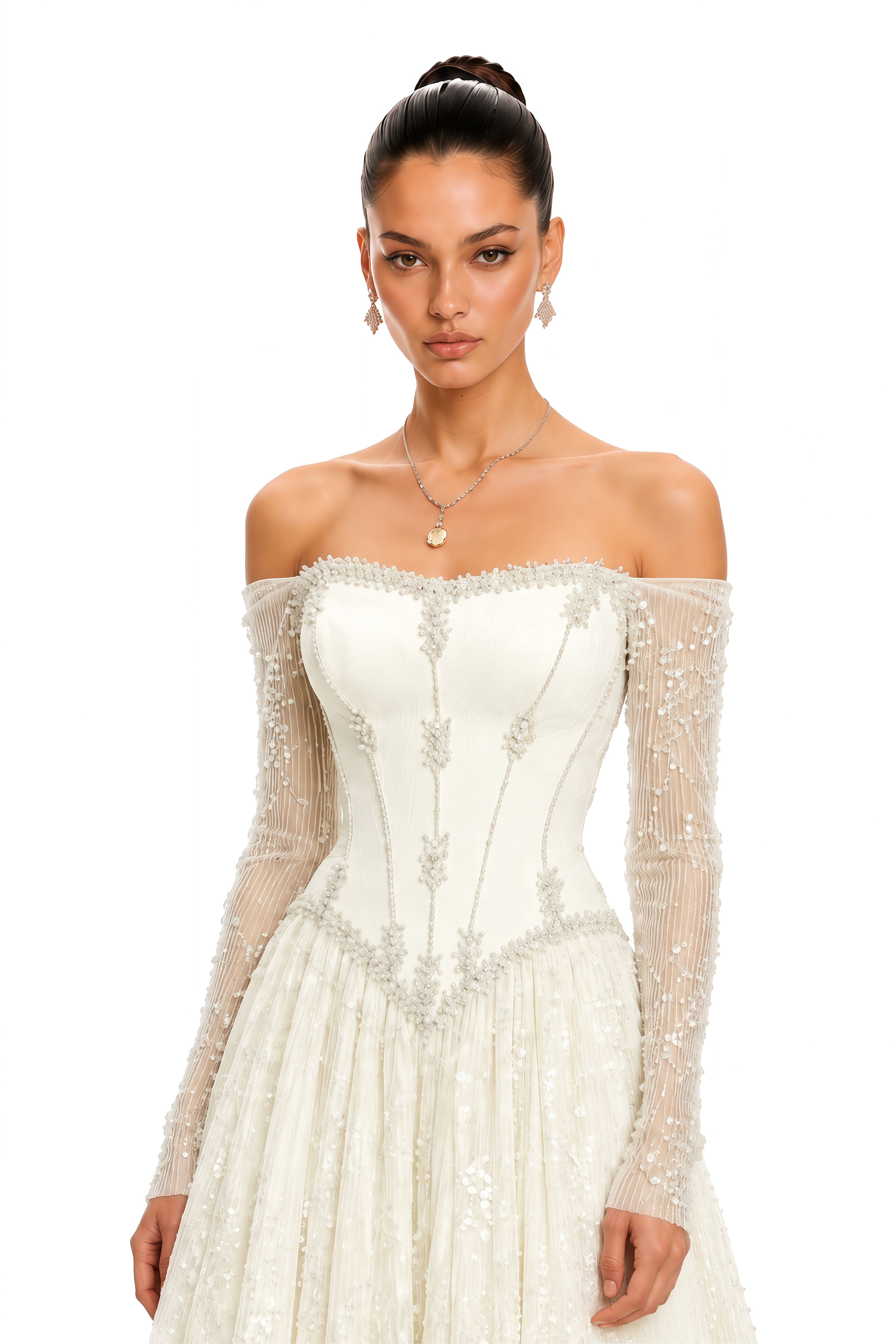 Inayah Ivory Beaded Off Shoulder Corset Maxi Dress
