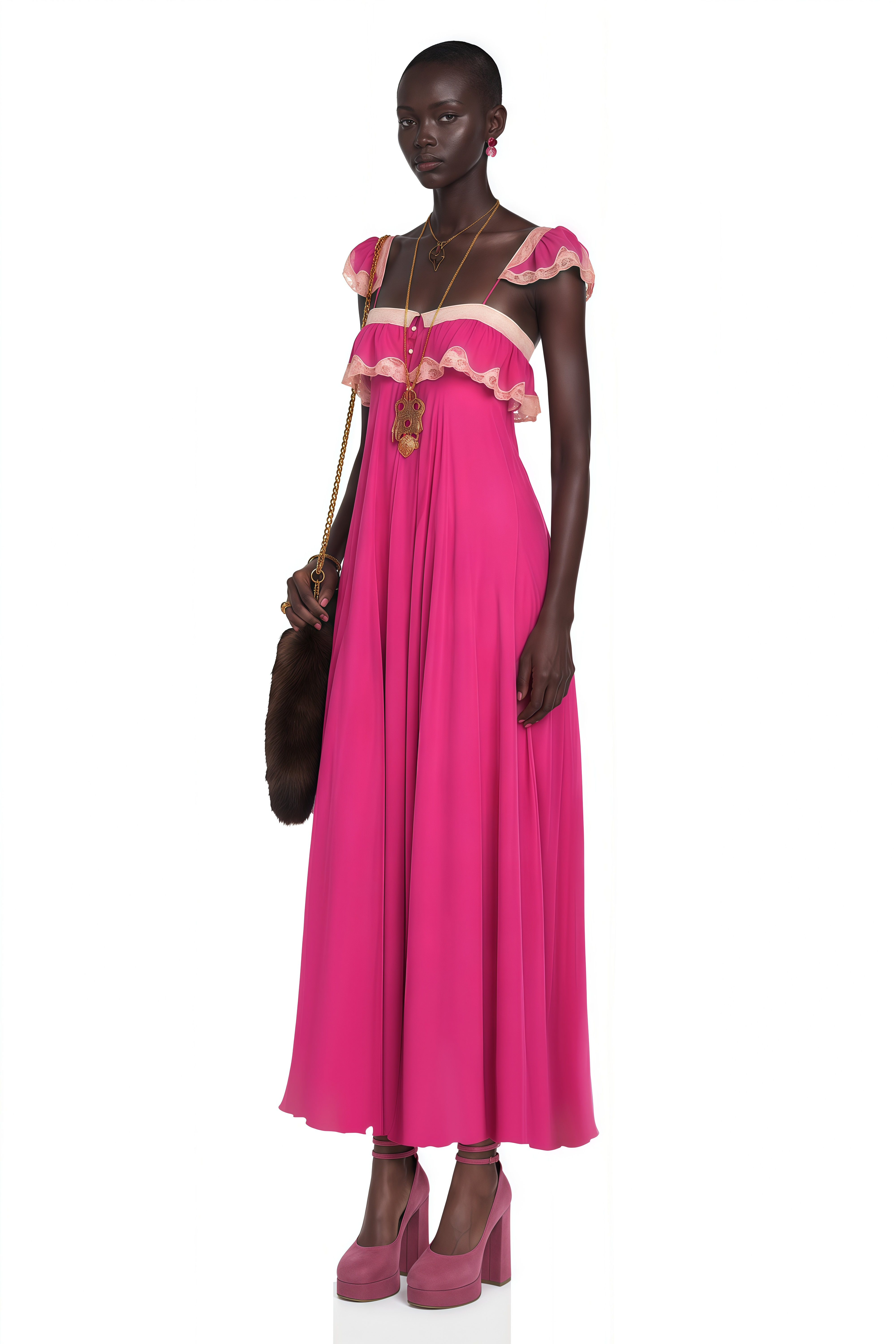 Ines Fuchsia Lace Trim Maxi Dress