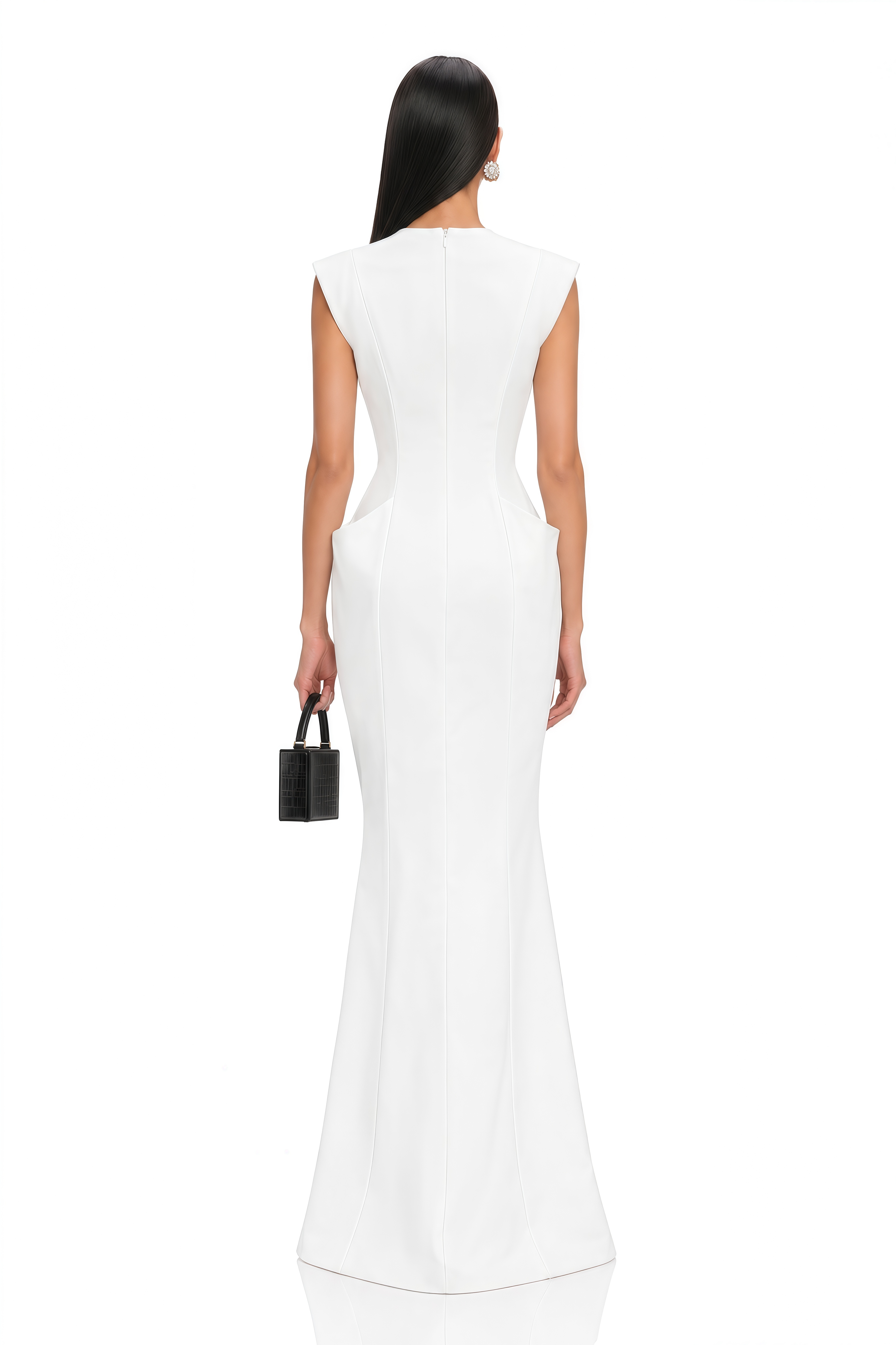 Ione White Plunge Neck Sculpted Maxi Dress