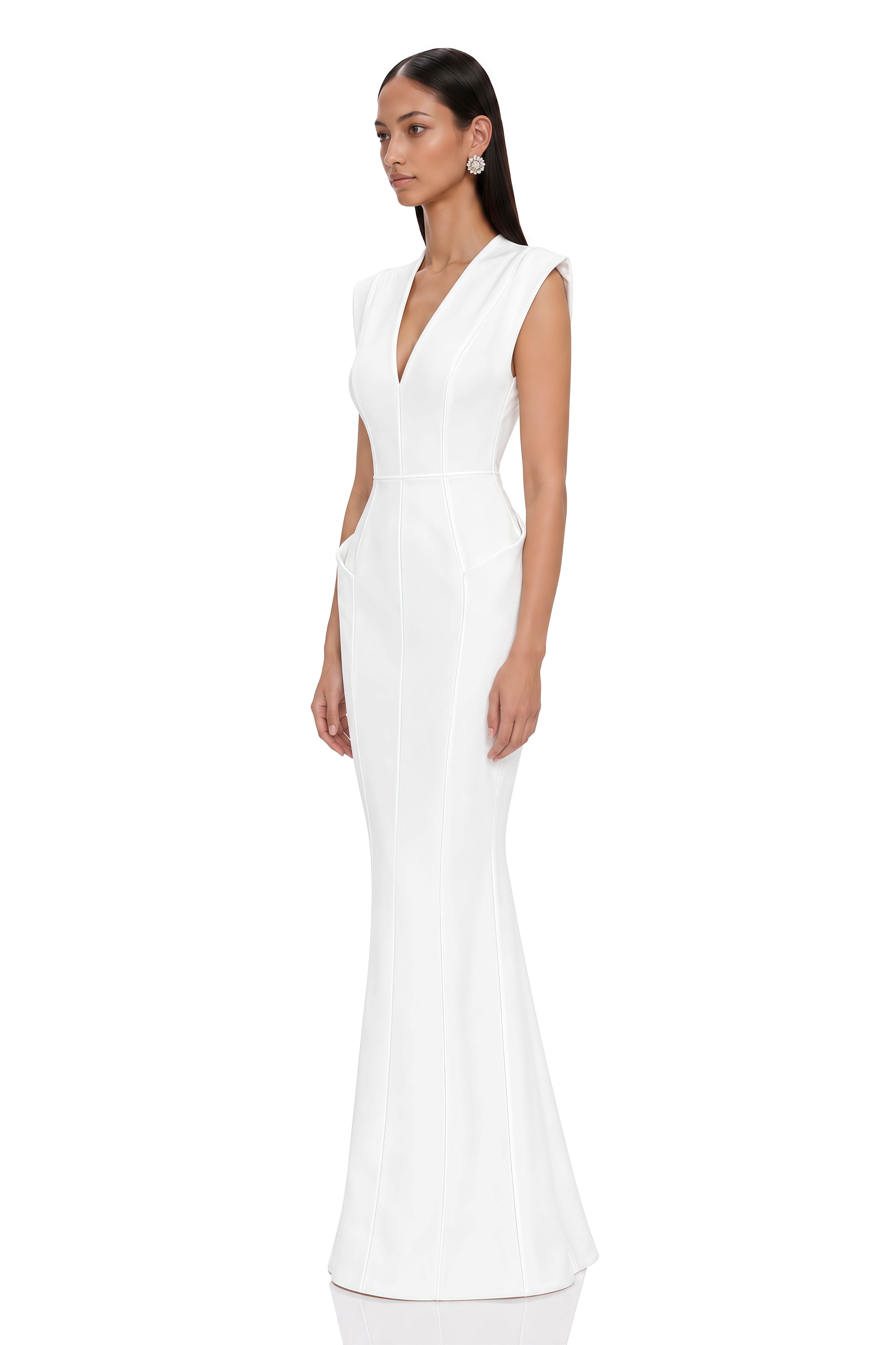 Ione White Plunge Neck Sculpted Maxi Dress