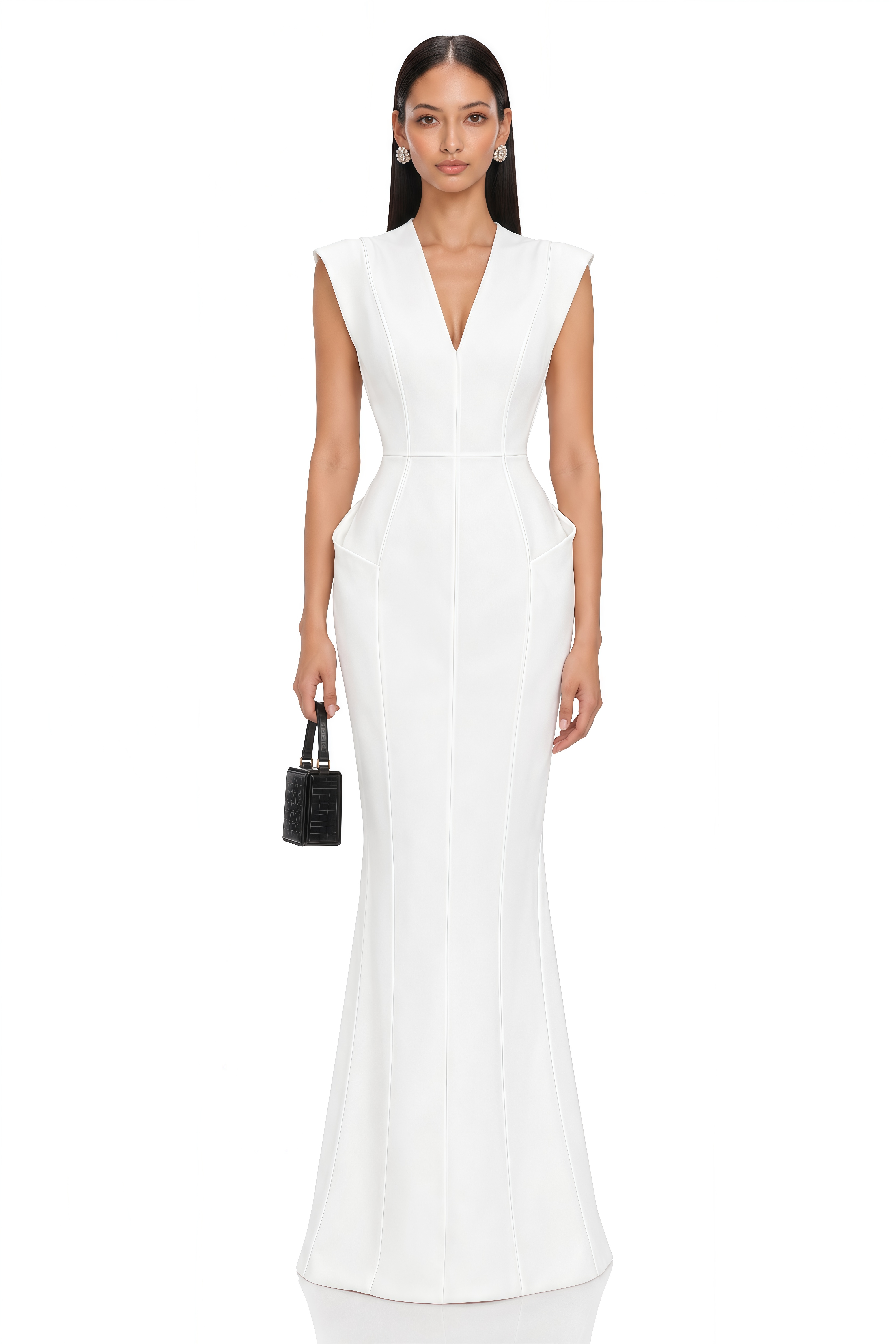 Ione White Plunge Neck Sculpted Maxi Dress