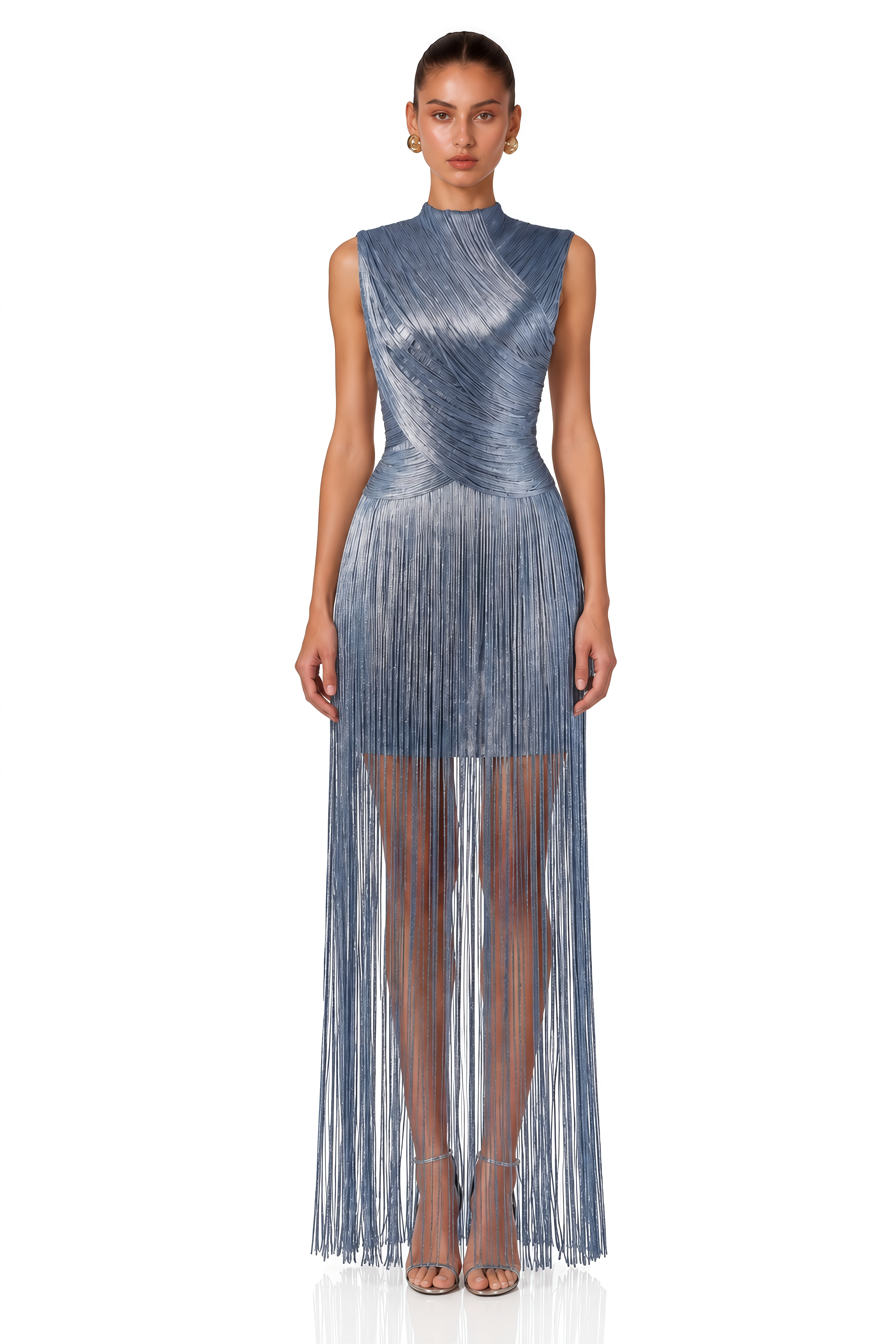 Iosefa Blue Turtleneck Draped Fringe Maxi Dress