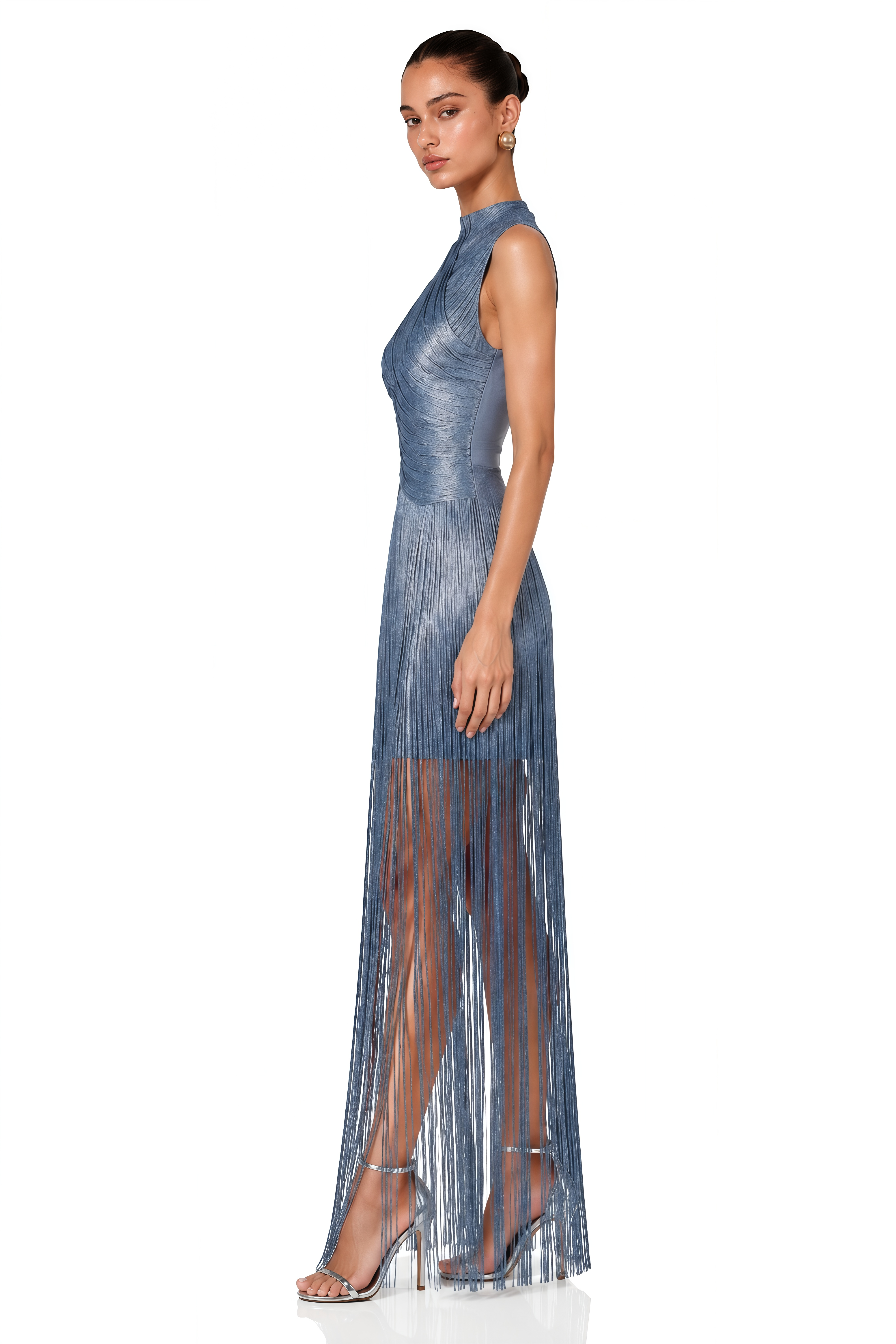 Iosefa Blue Turtleneck Draped Fringe Maxi Dress