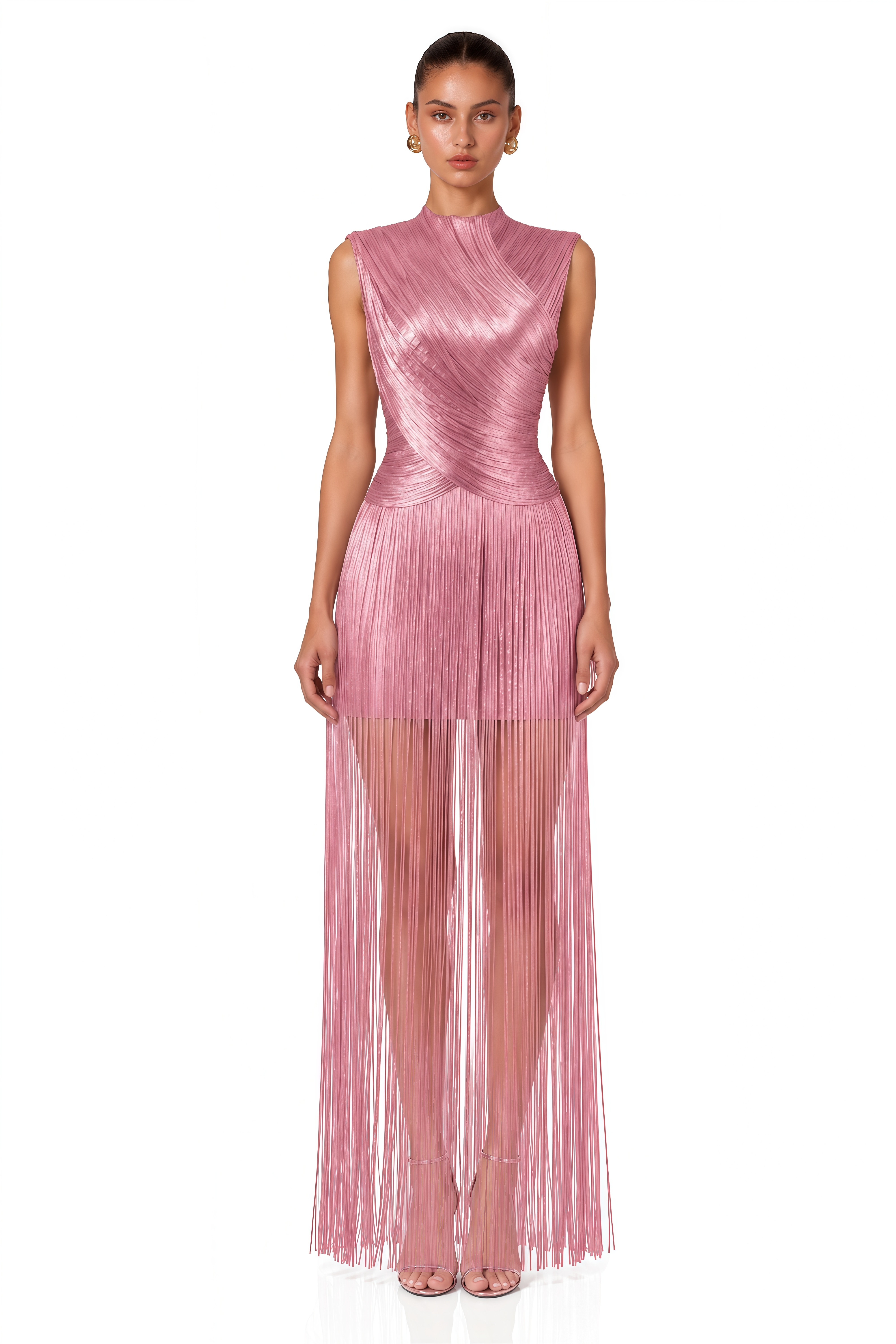 Iosefa Pink Sleeveless Draped Fringe Maxi Dress