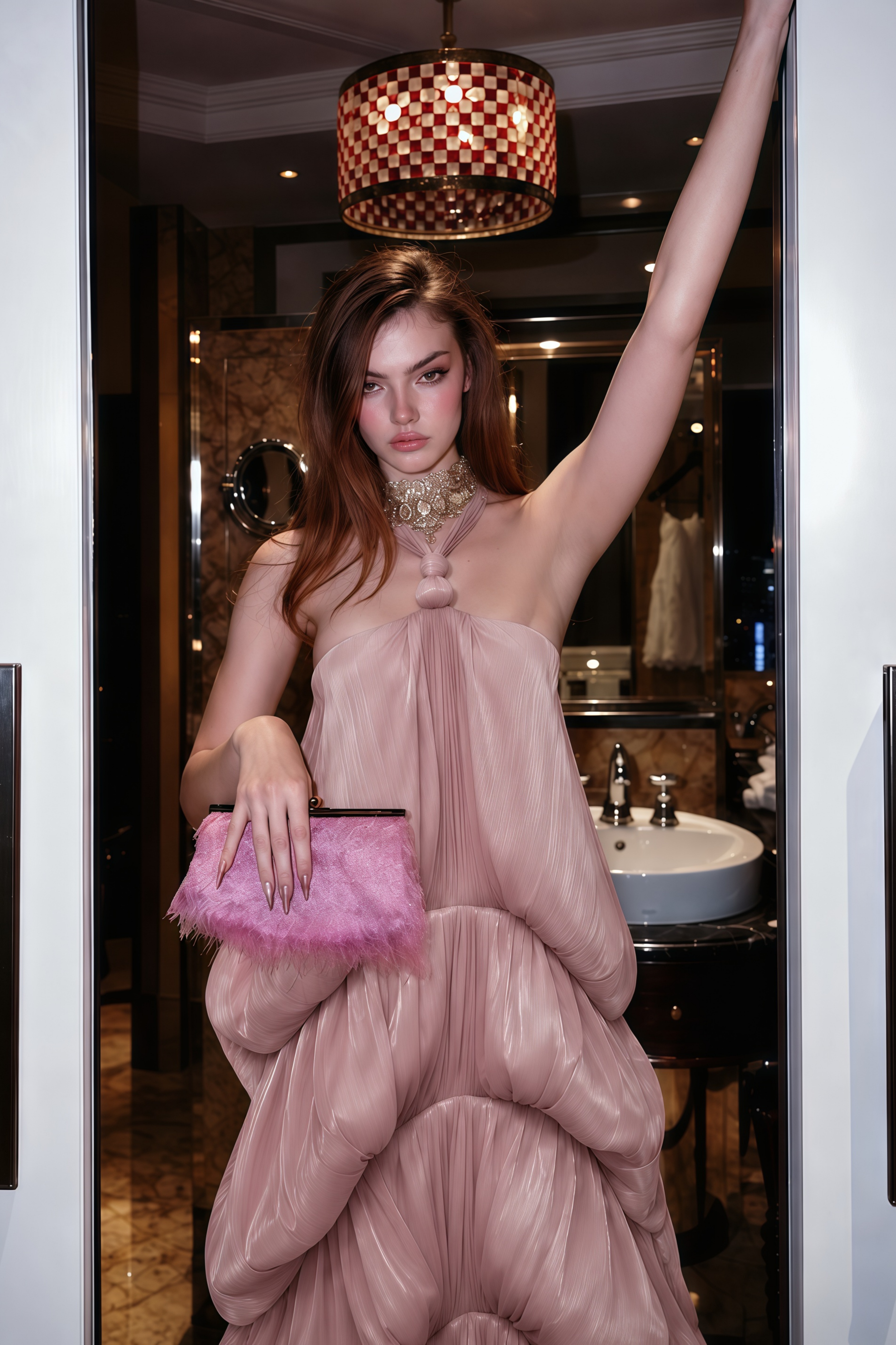 Isabella Blush Pink Sculptural Draped Halterneck Maxi Dress