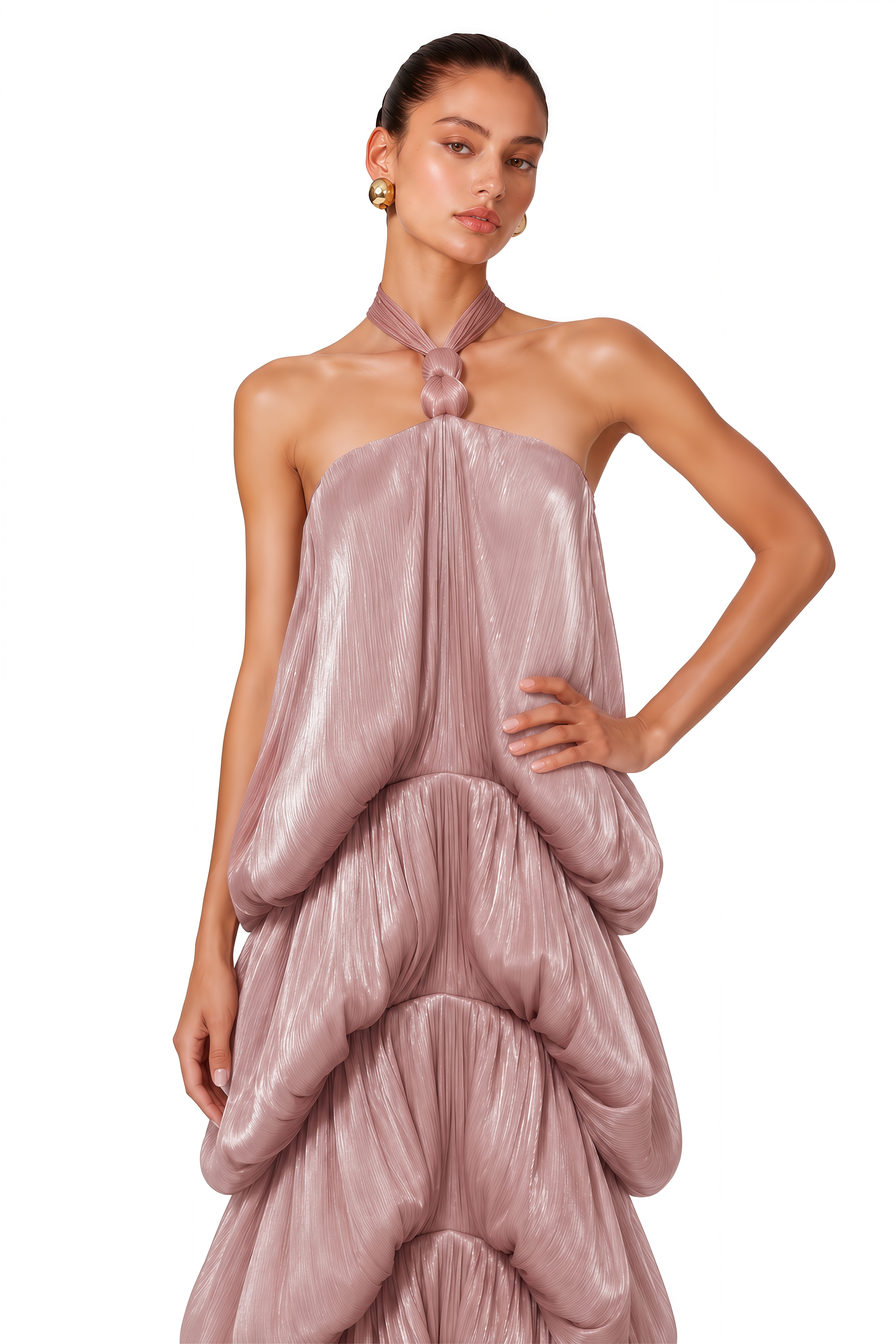 Isabella Blush Pink Sculptural Draped Halterneck Maxi Dress