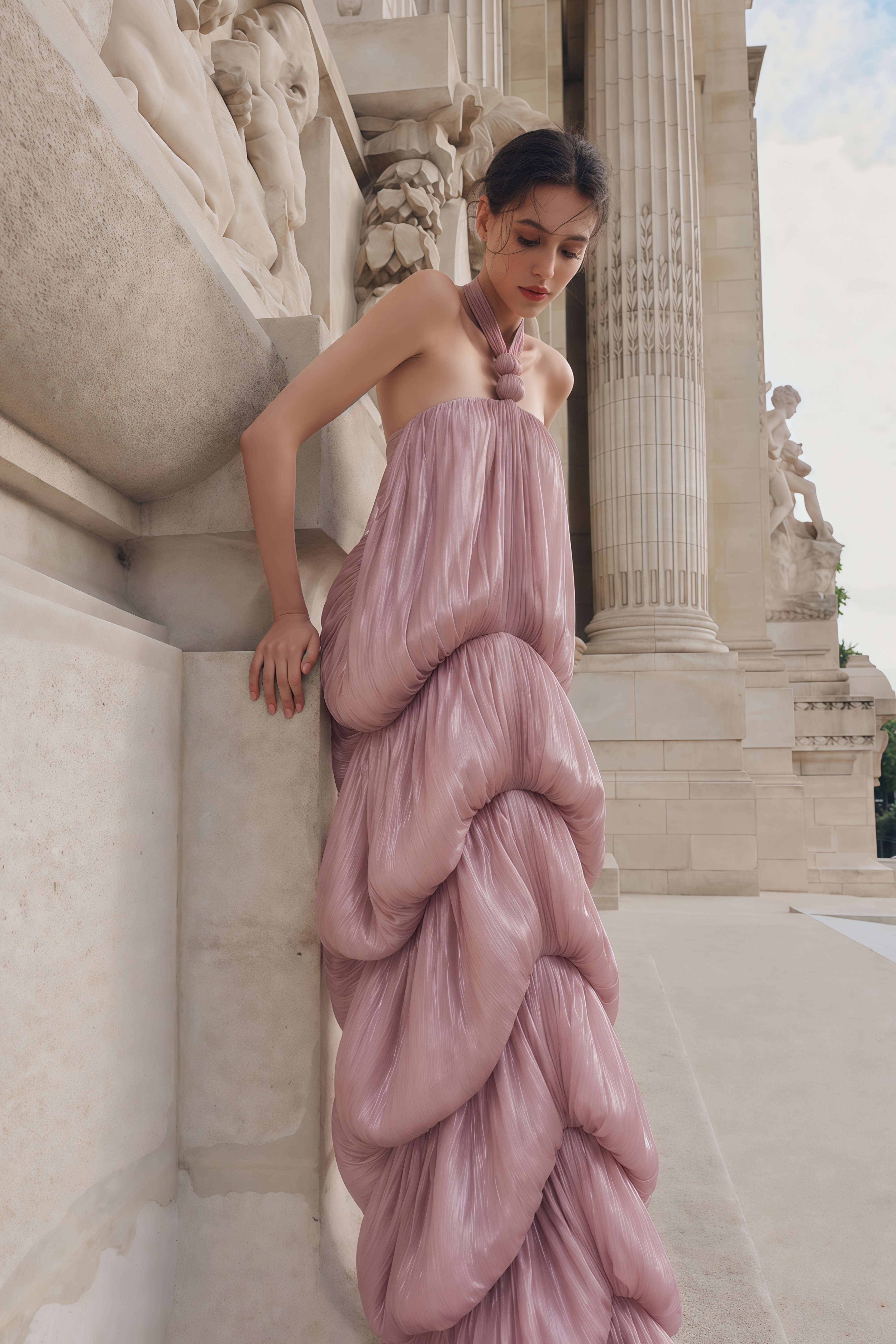 Isabella Blush Pink Sculptural Draped Halterneck Maxi Dress