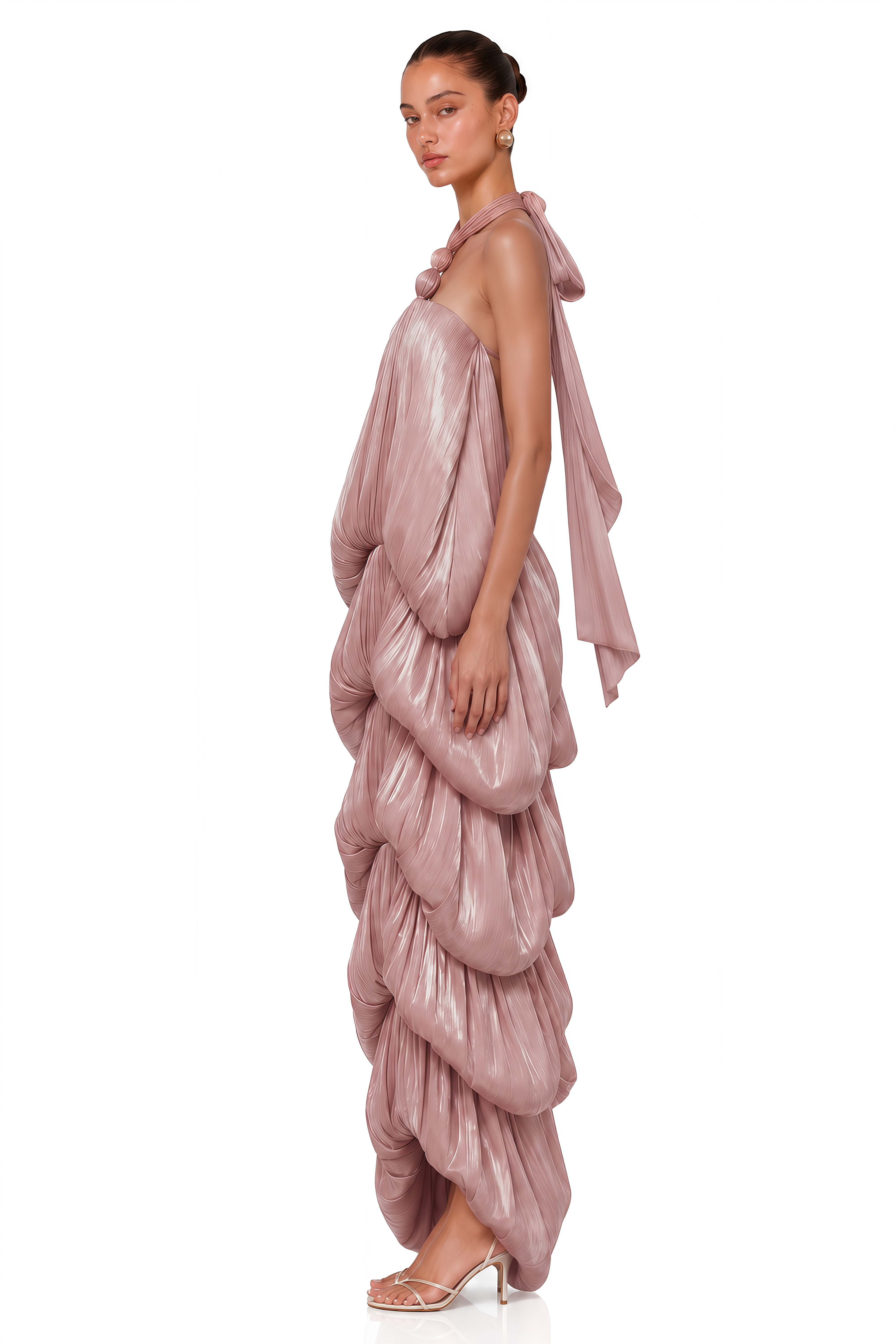 Isabella Blush Pink Sculptural Draped Halterneck Maxi Dress