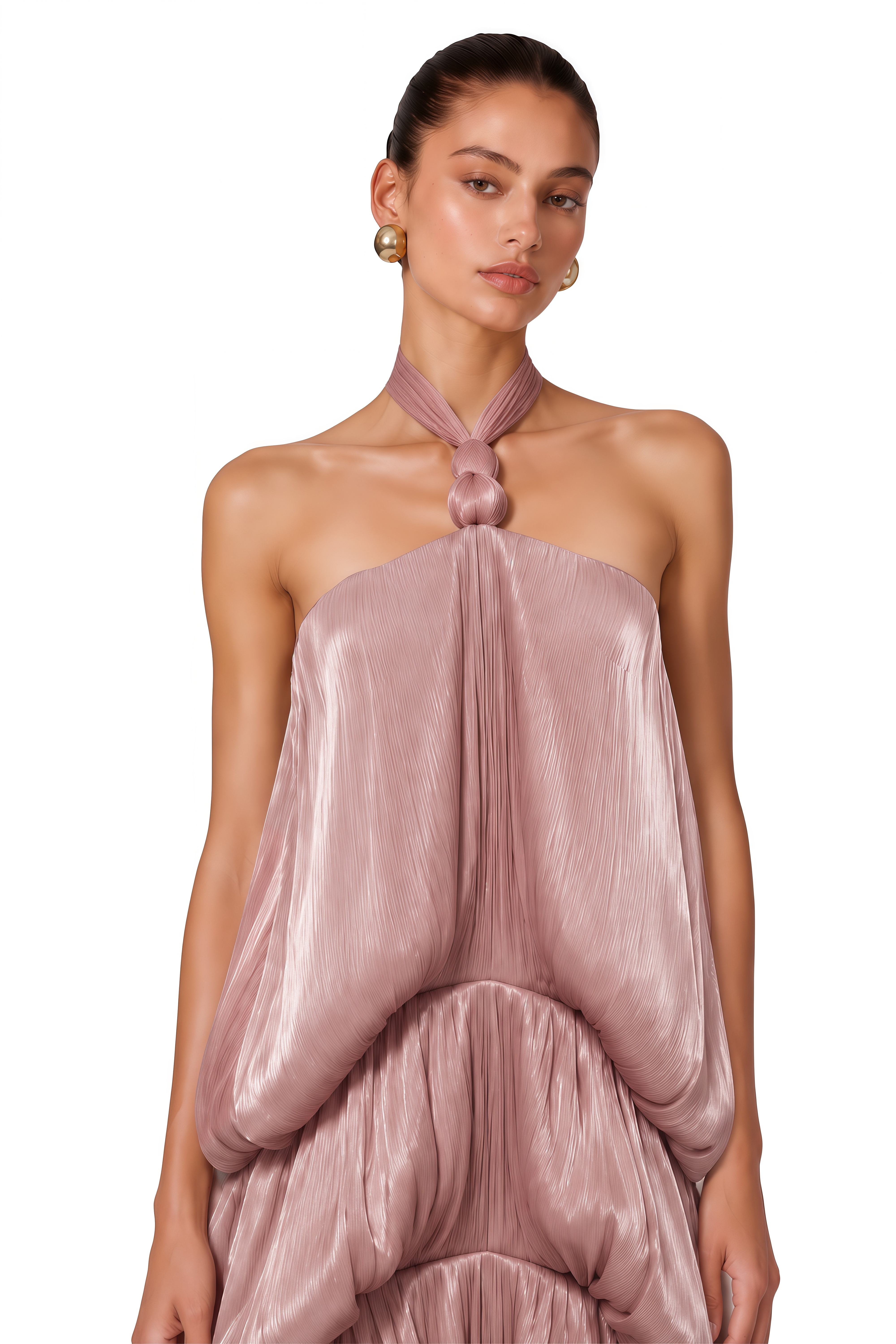 Isabella Blush Pink Sculptural Draped Halterneck Maxi Dress