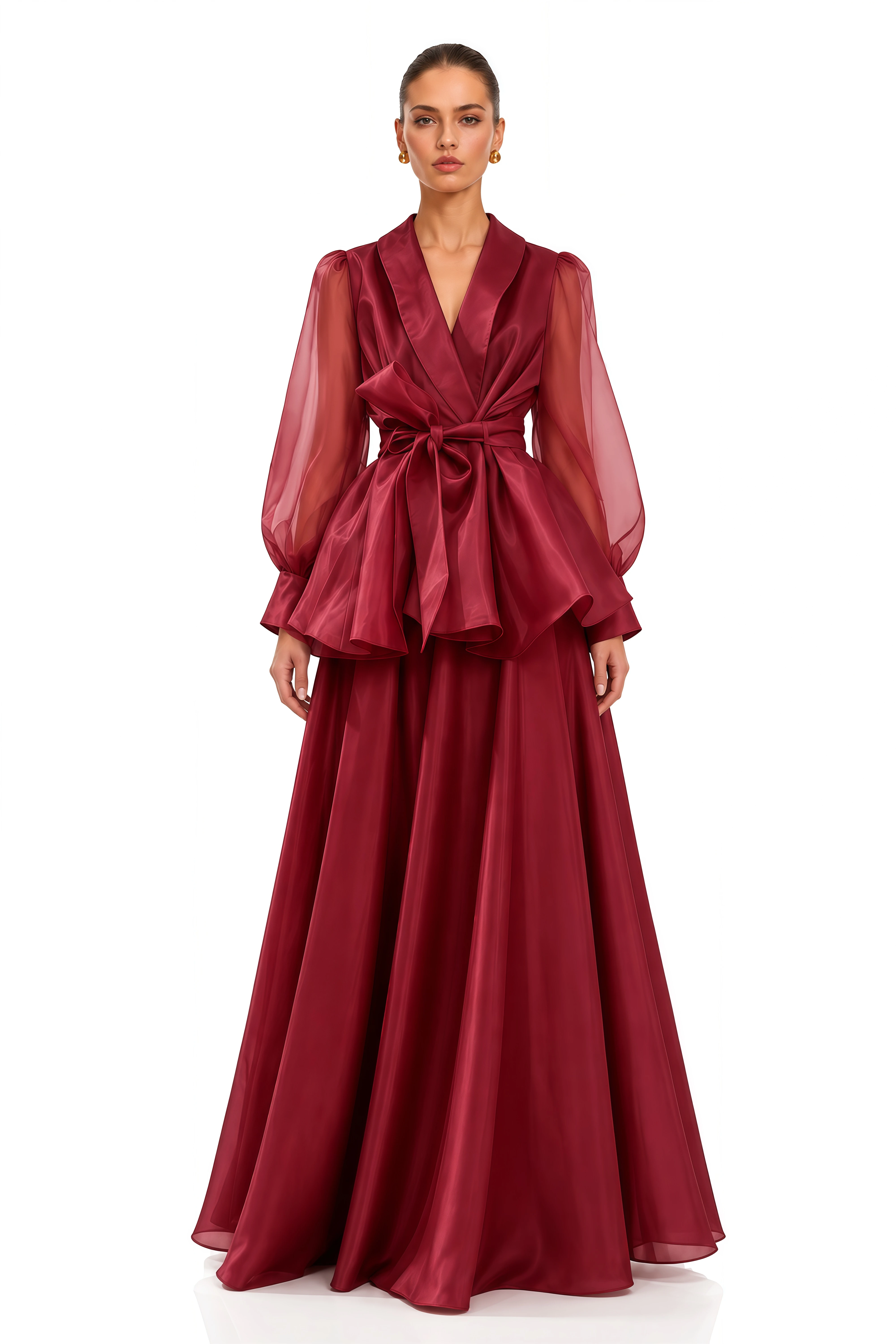 Isabella Burgundy Satin Lapel Peplum Blouse & Maxi Dress Set