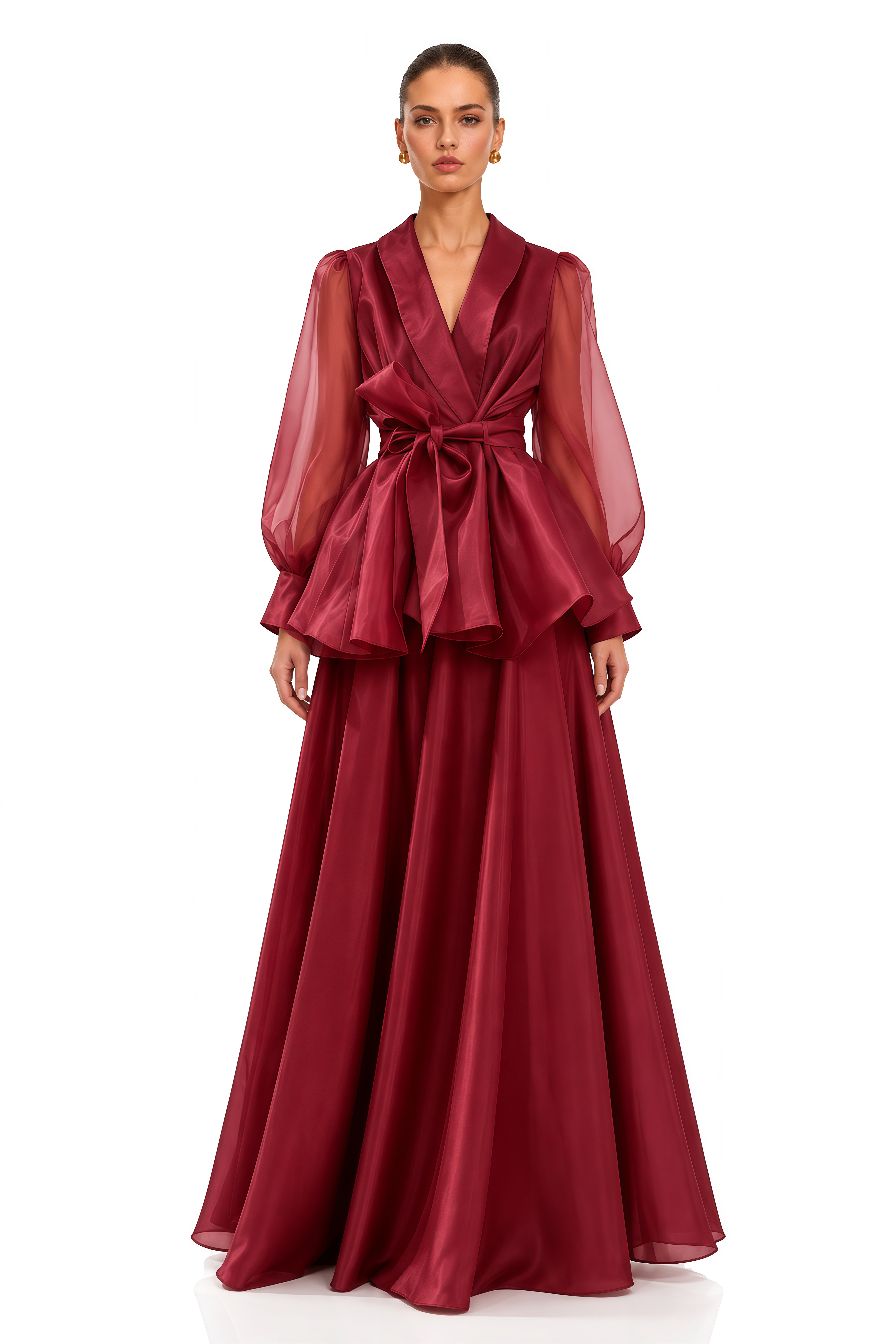 Isabella Burgundy Satin Lapel Peplum Blouse & Maxi Dress Set