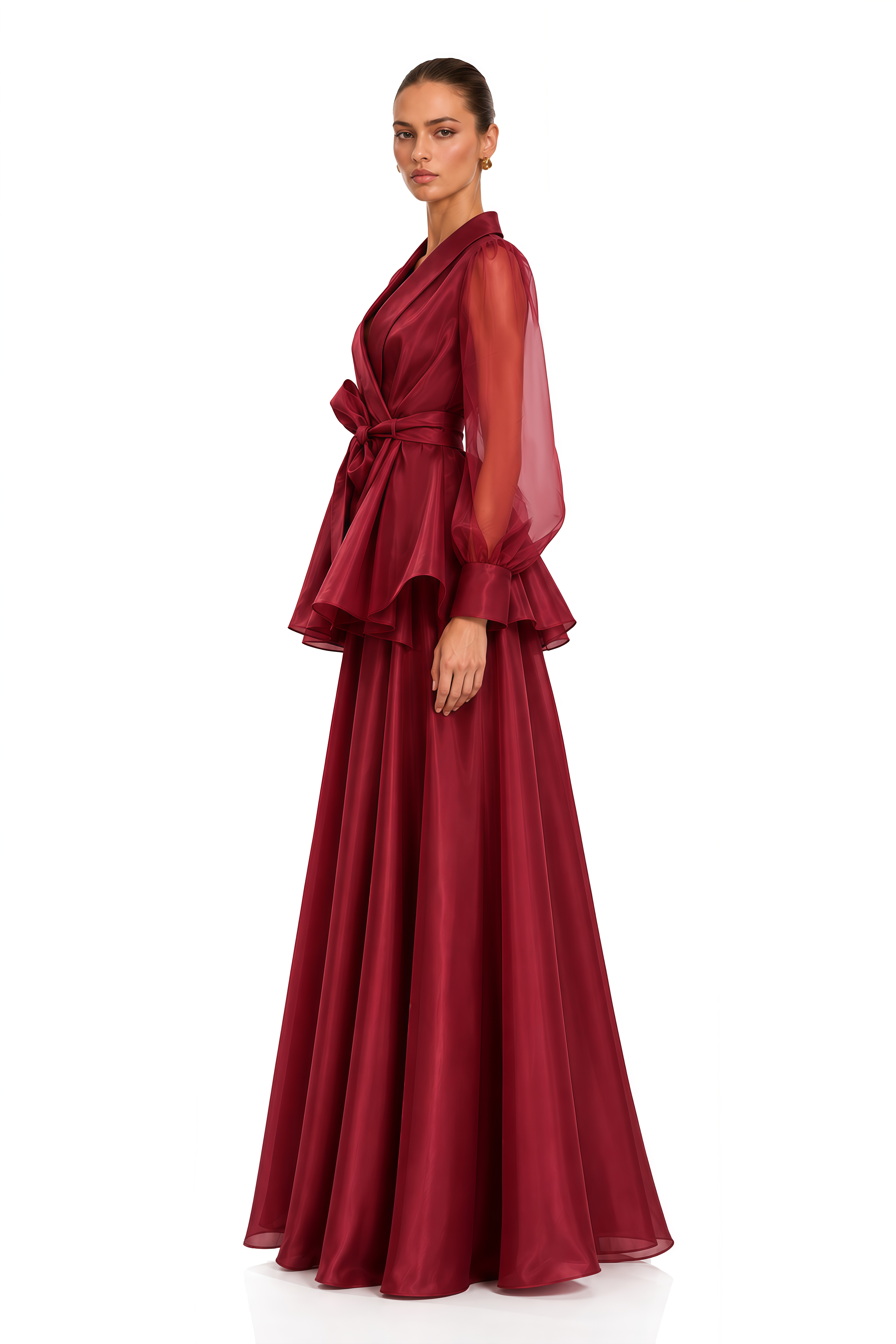 Isabella Burgundy Satin Lapel Peplum Blouse & Maxi Dress Set