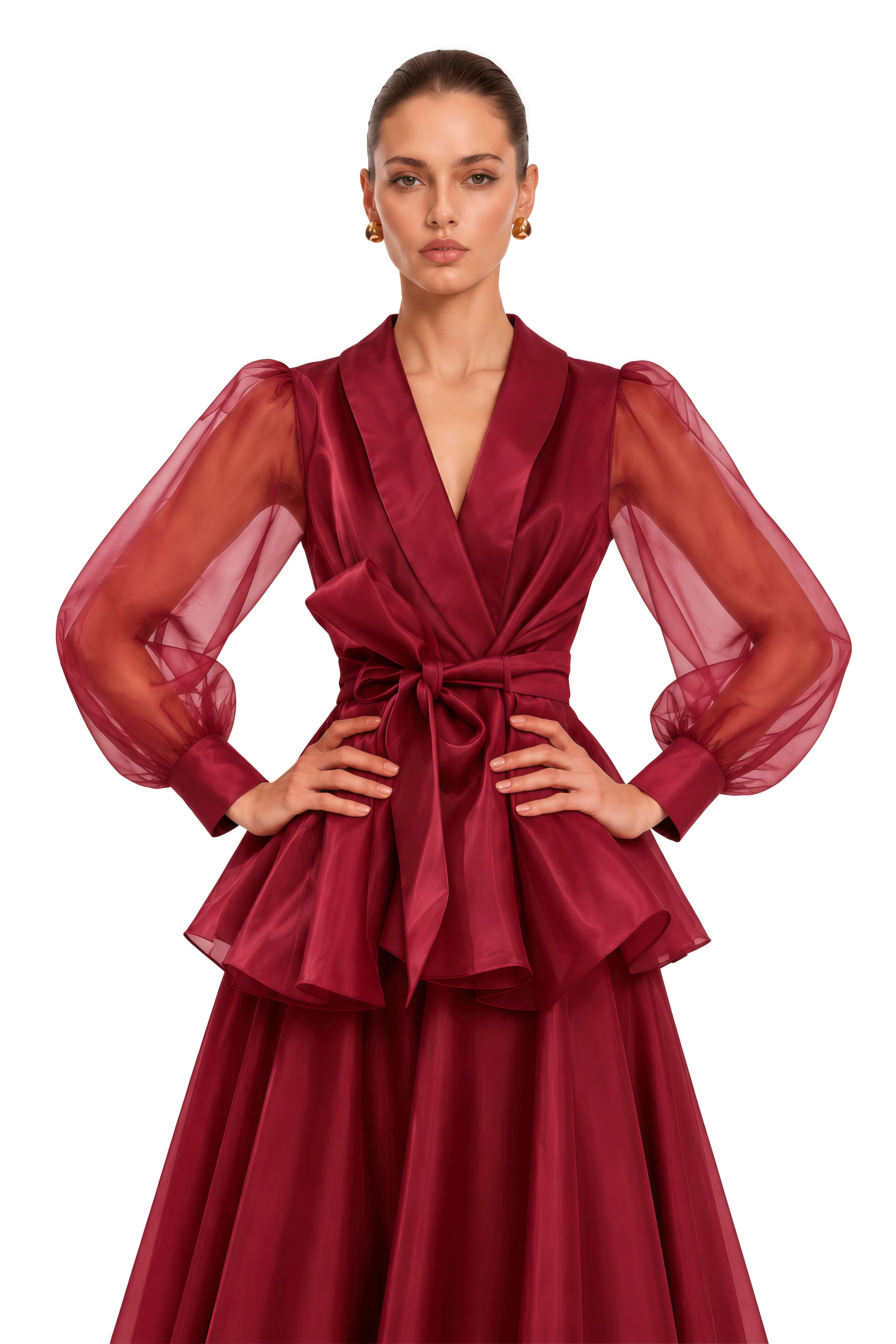 Isabella Burgundy Satin Lapel Peplum Blouse & Maxi Dress Set