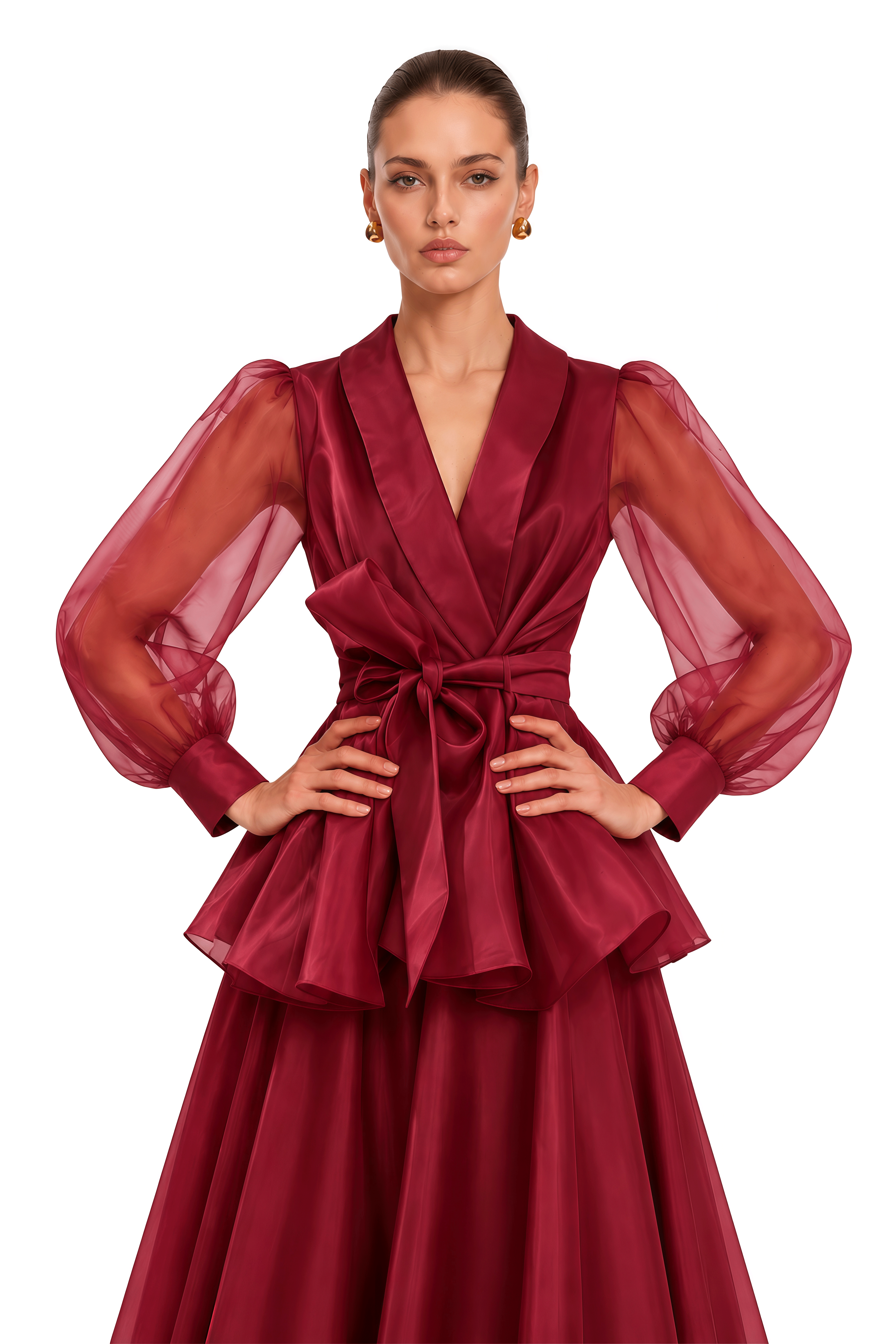 Isabella Burgundy Satin Lapel Peplum Blouse & Maxi Dress Set