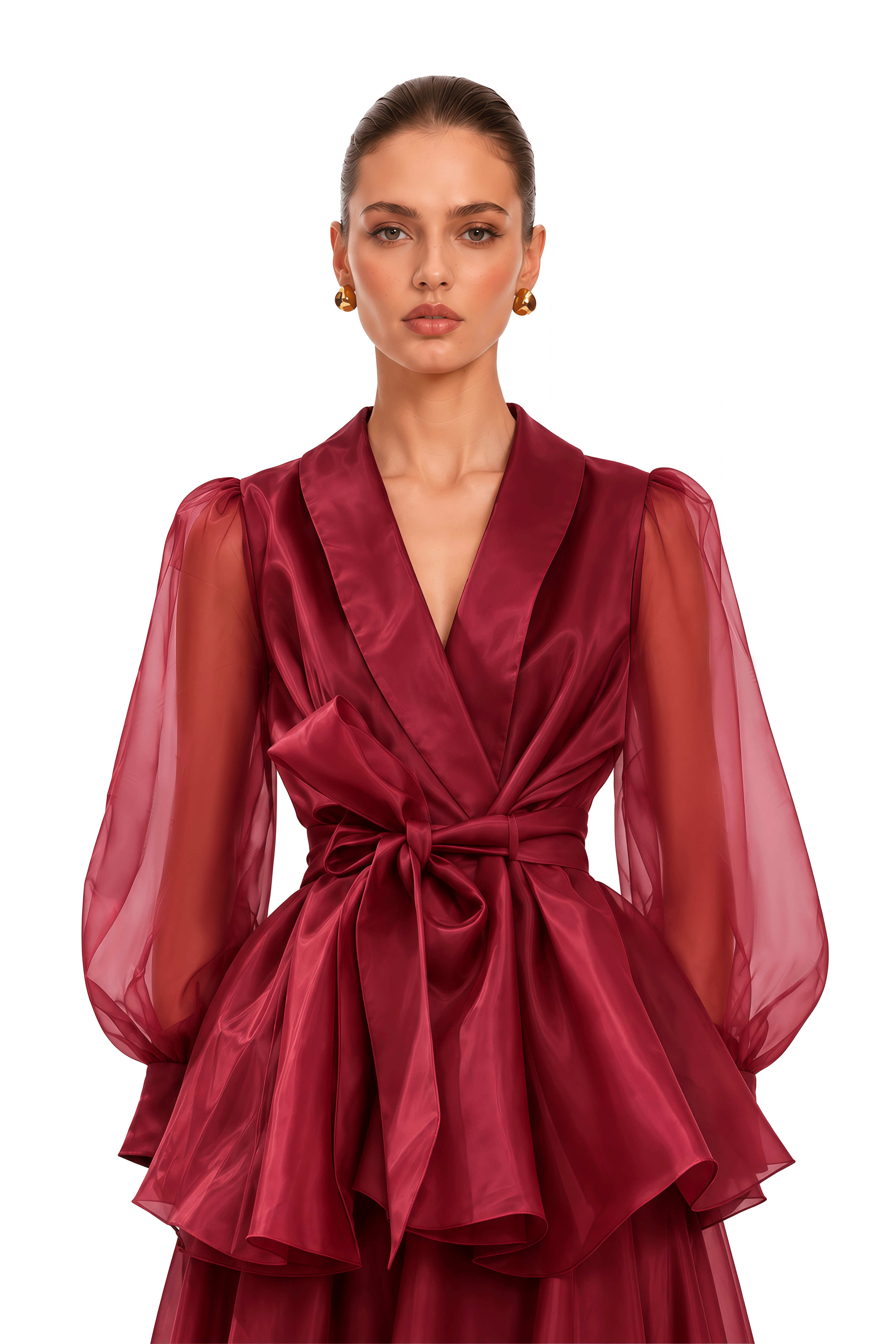Isabella Burgundy Satin Lapel Peplum Blouse & Maxi Dress Set