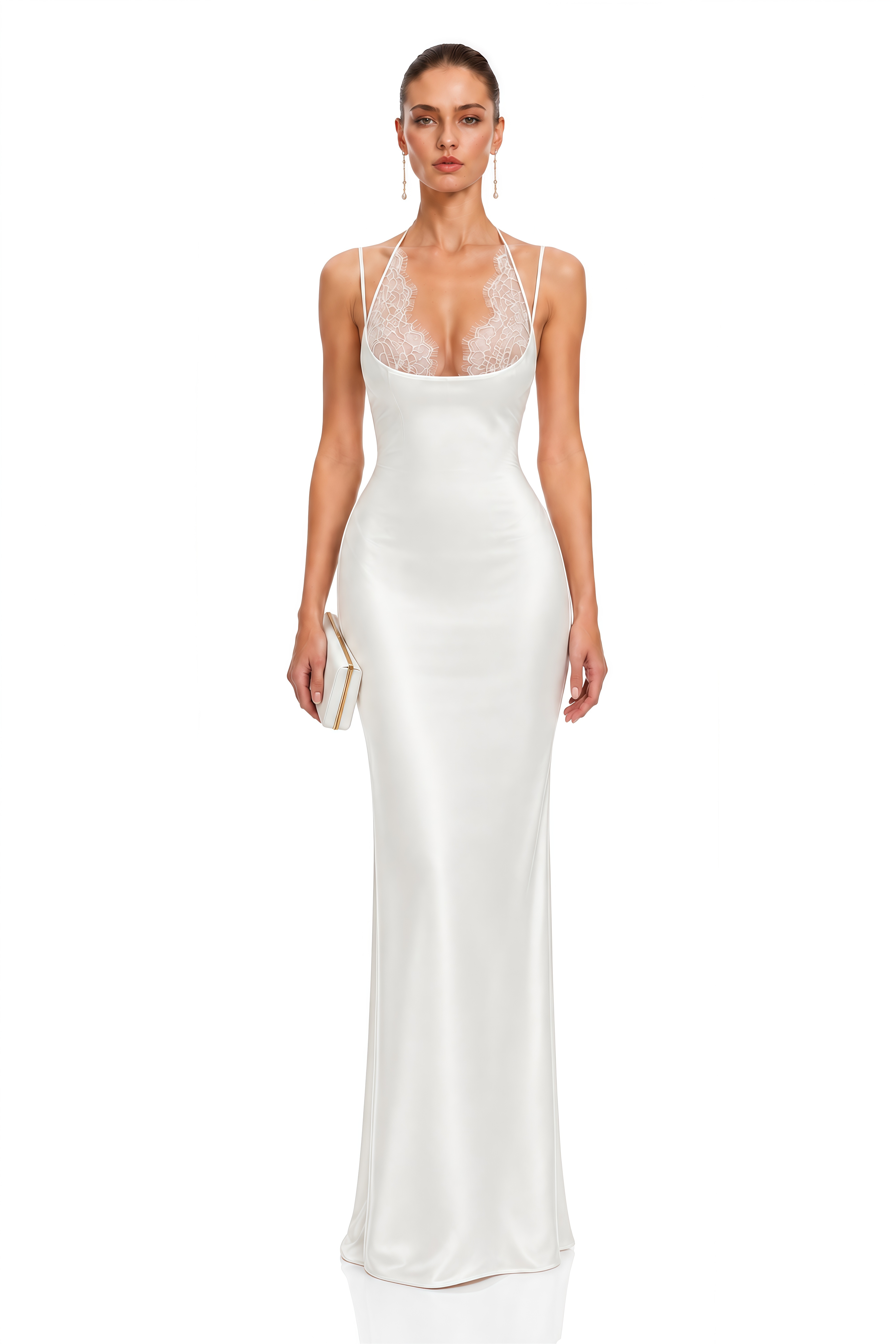 Isabella White Lace Halterneck Satin Maxi Dress