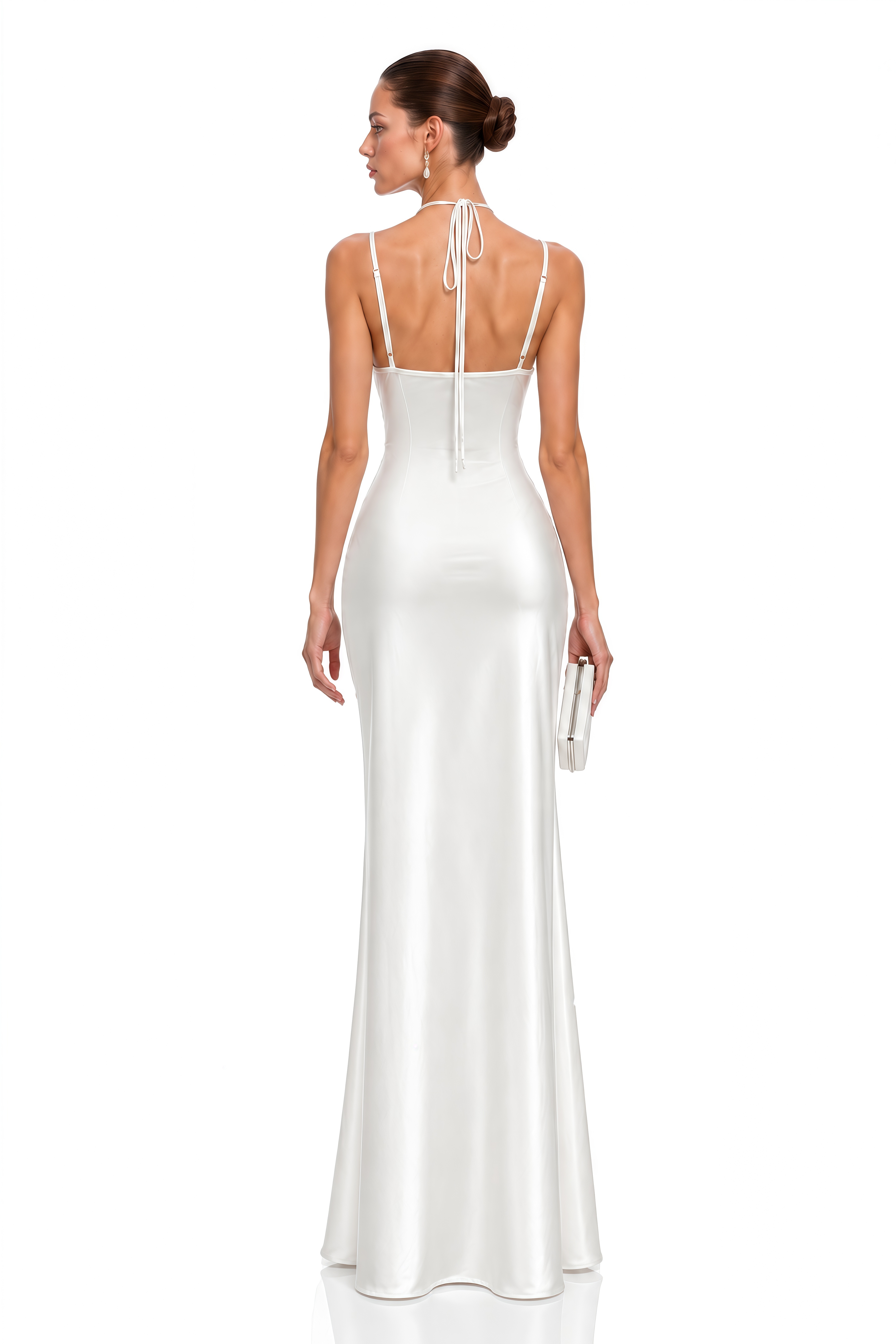 Isabella White Lace Halterneck Satin Maxi Dress