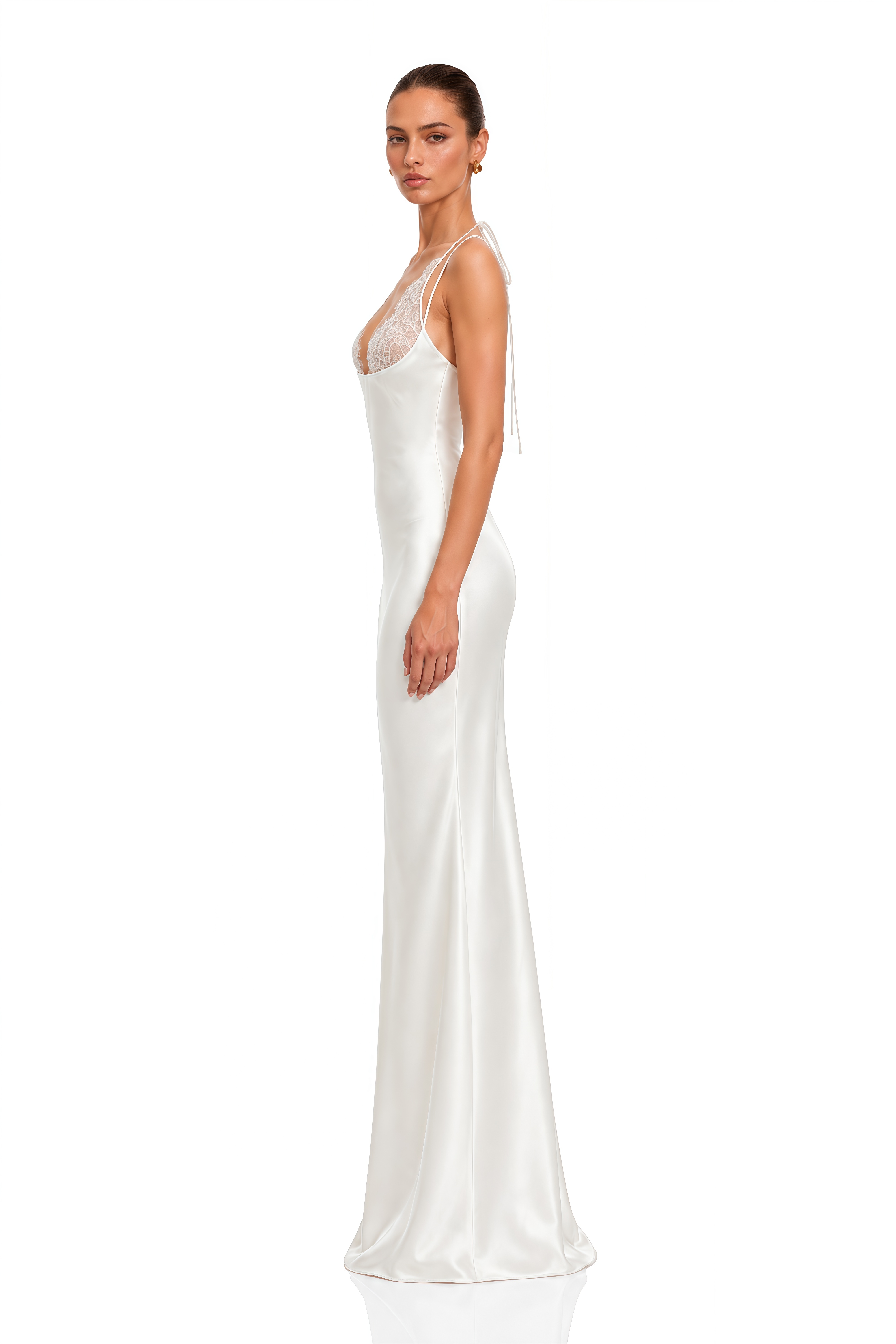 Isabella White Lace Halterneck Satin Maxi Dress