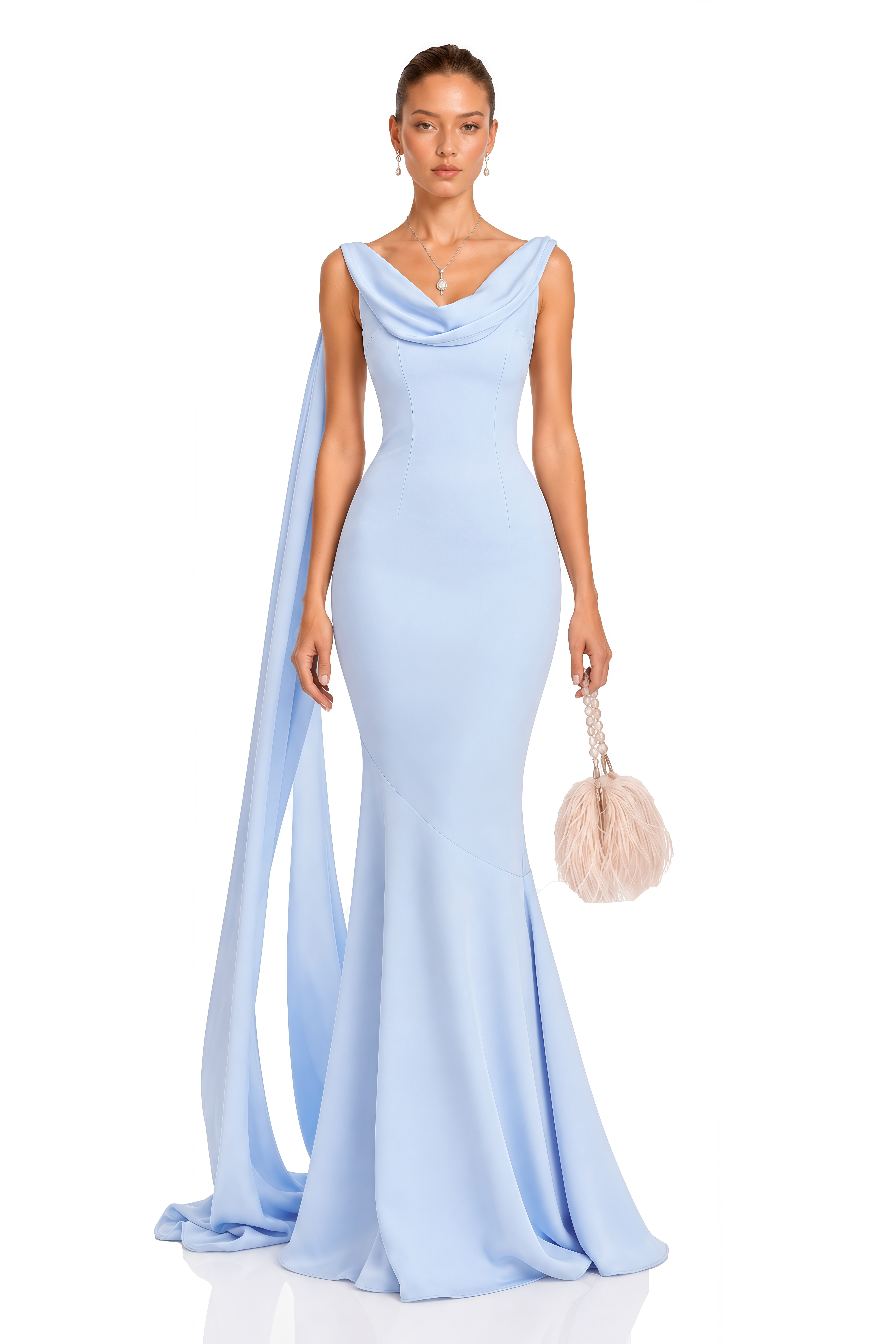 Isadora Light Blue Cowl Neck Draped Mermaid Maxi Dress