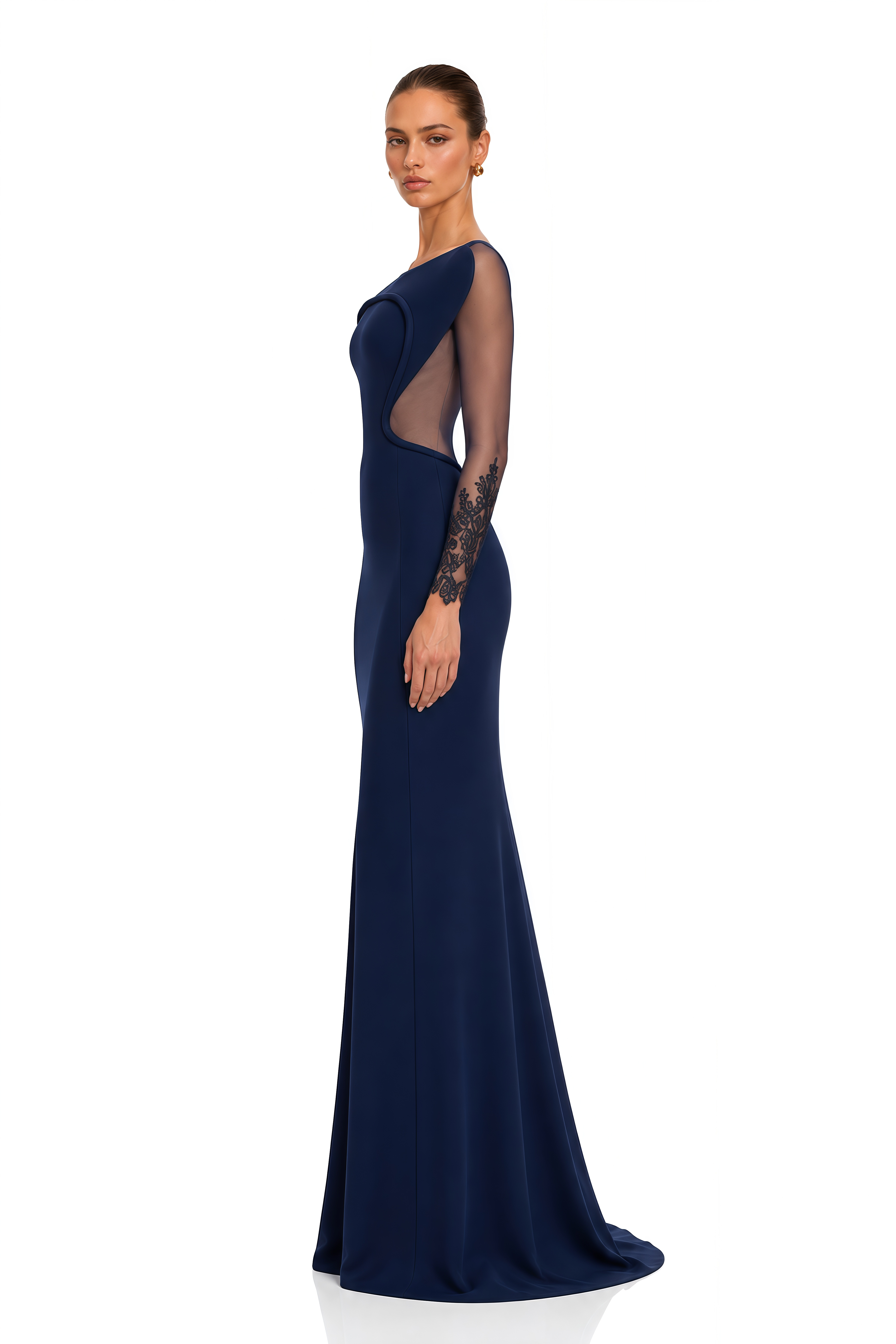 Isadora Navy Blue Sculpted Neck Lace Sleeve Maxi Dress